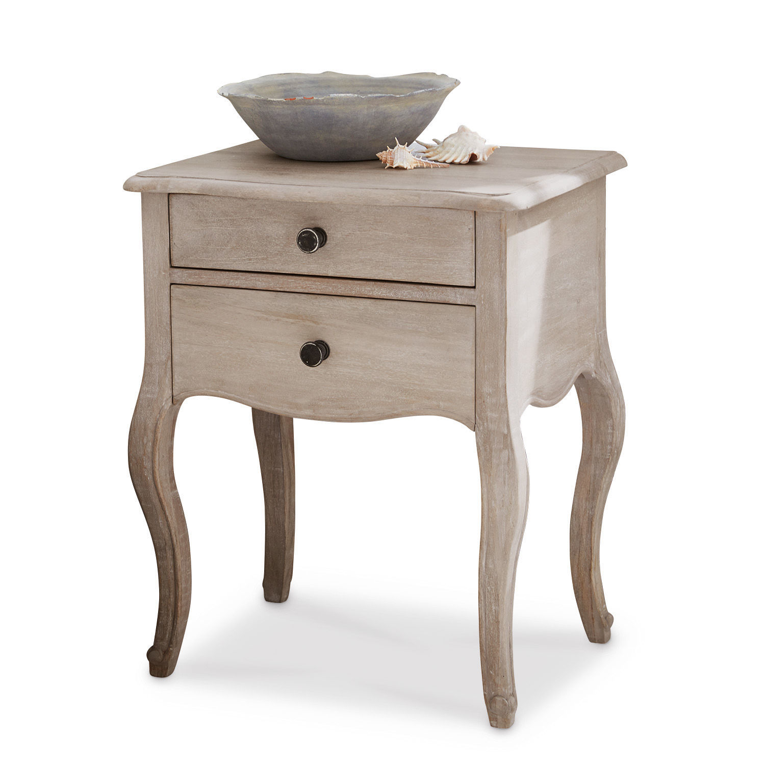 Nachtkastje Egri Grijze houten nachtkast met twee lades en sierlijke poten, elegant slaapkamermeubel
