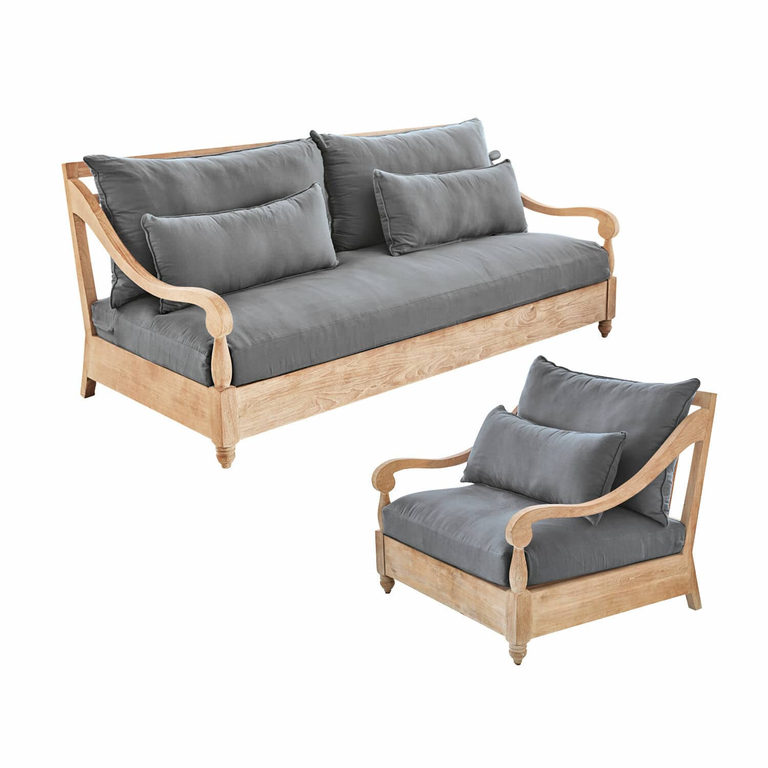 Tuinset Montcassin Zithoek van licht hout met grijze kussens, stijlvolle bank en fauteuil voor woonkamer