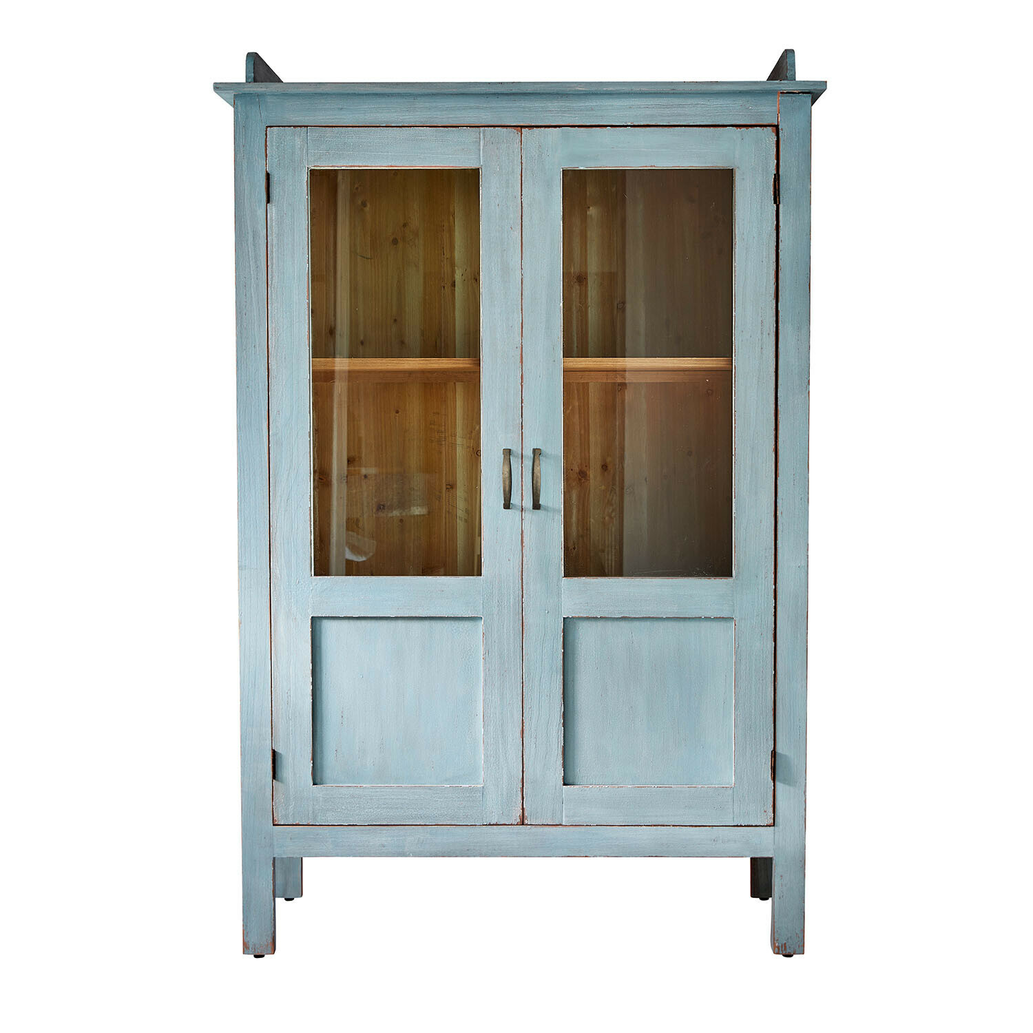 Antiekblauwe houten vitrinekast met glazen deuren en binnenplank voor opbergruimte