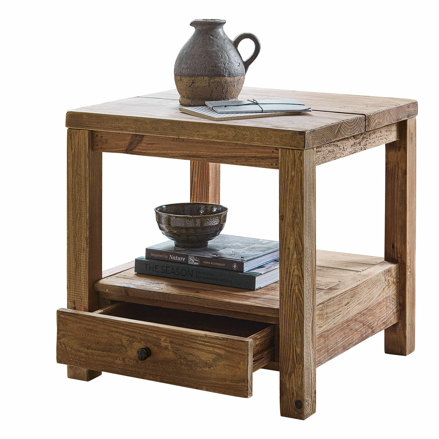 Bijzettafel Iven Vierkante houten tafel met lade en plank, natuurlijke kleur, woonkamermeubel