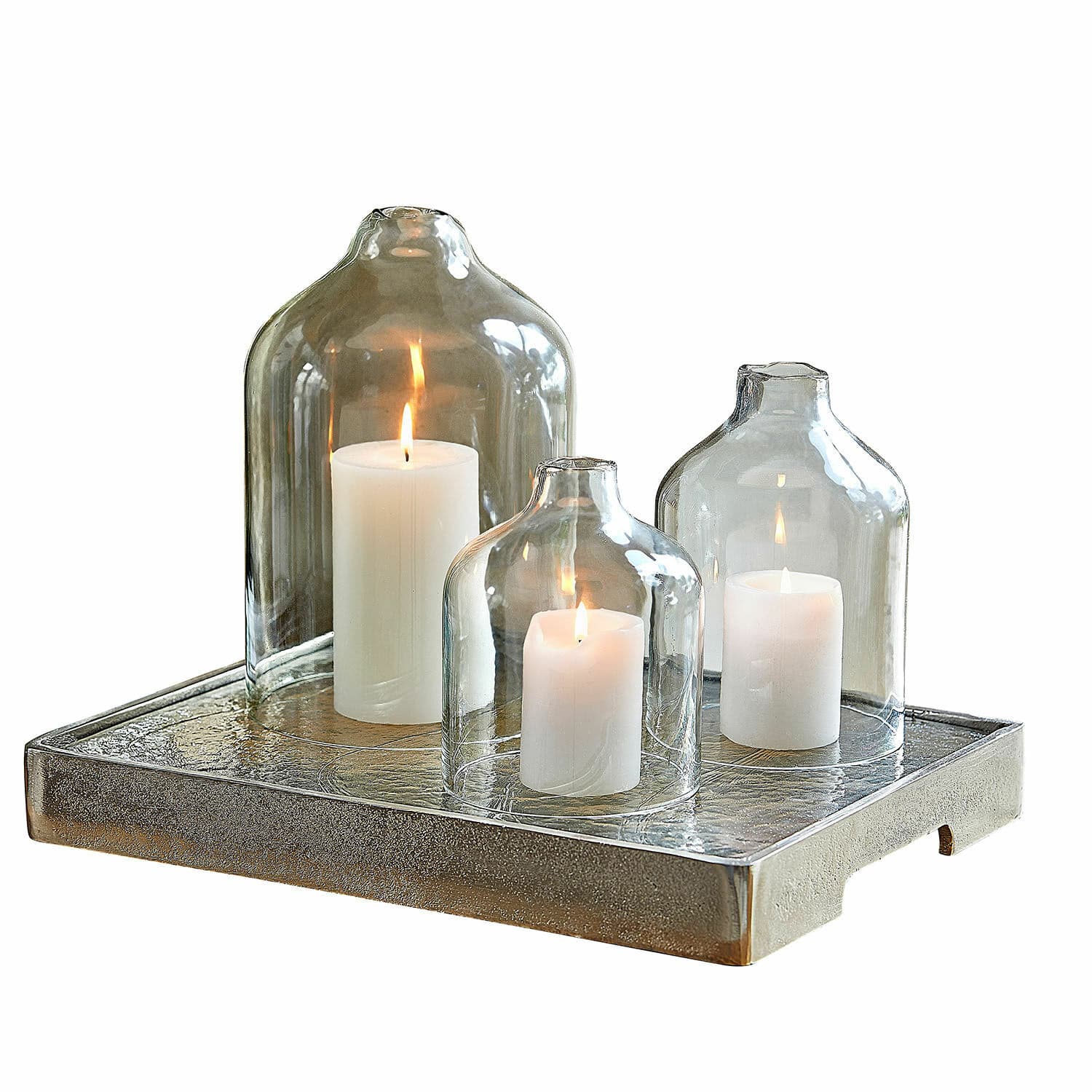 Windlicht set van 3 Xalvent Set van drie glazen kandelaren op zilverkleurig metalen dienblad, stijlvolle woondecoratie