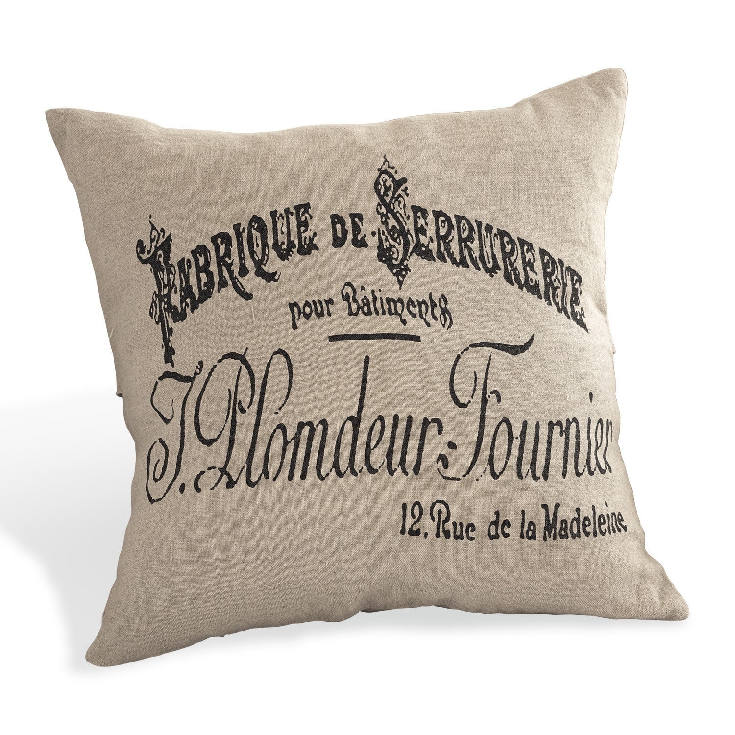 Beige linnen sierkussen met zwarte vintage Franse print voor woonkamerdecoratie