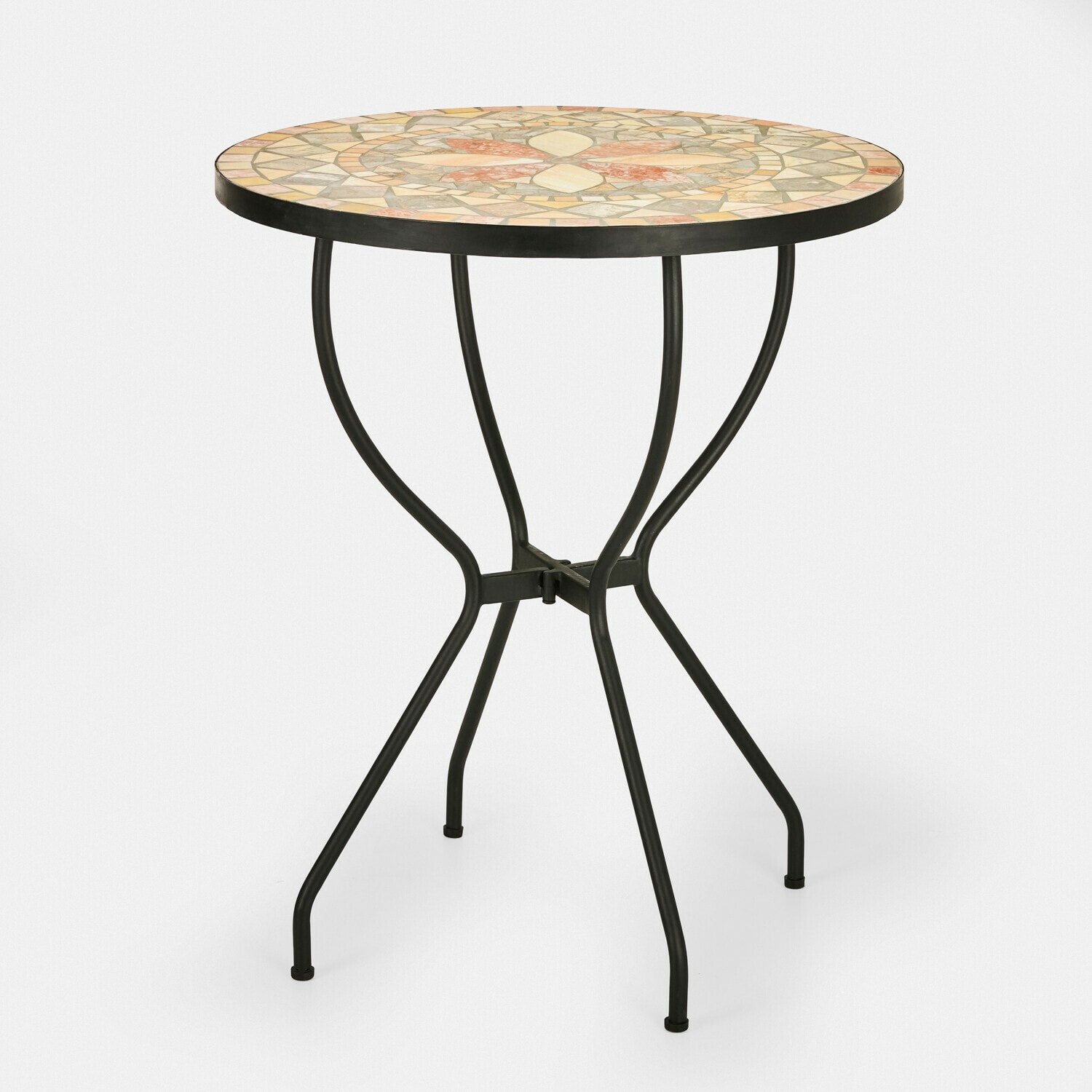 Tafel Oleanders Ronde tuintafel met mozaïekstenen blad en zwarte metalen poten
