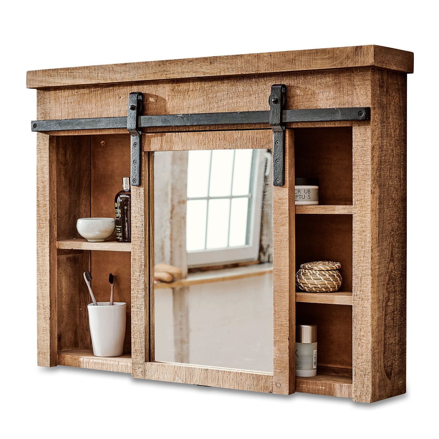 Kast met spiegel Taylors Island Rustieke houten badkamerkast met spiegel en metalen handgreep, natuurlijke kleur
