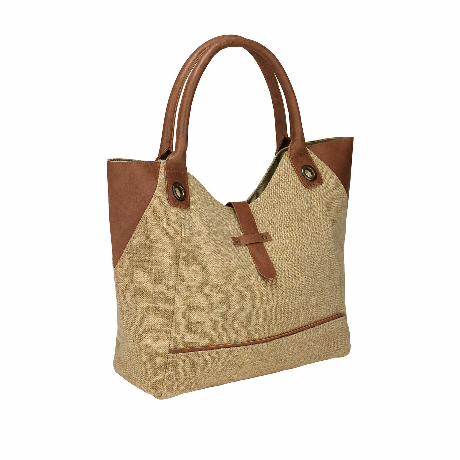Tas Valeska Beige tas van stof met bruine kunstlederen details en handvatten, modieuze dagelijkse accessoire