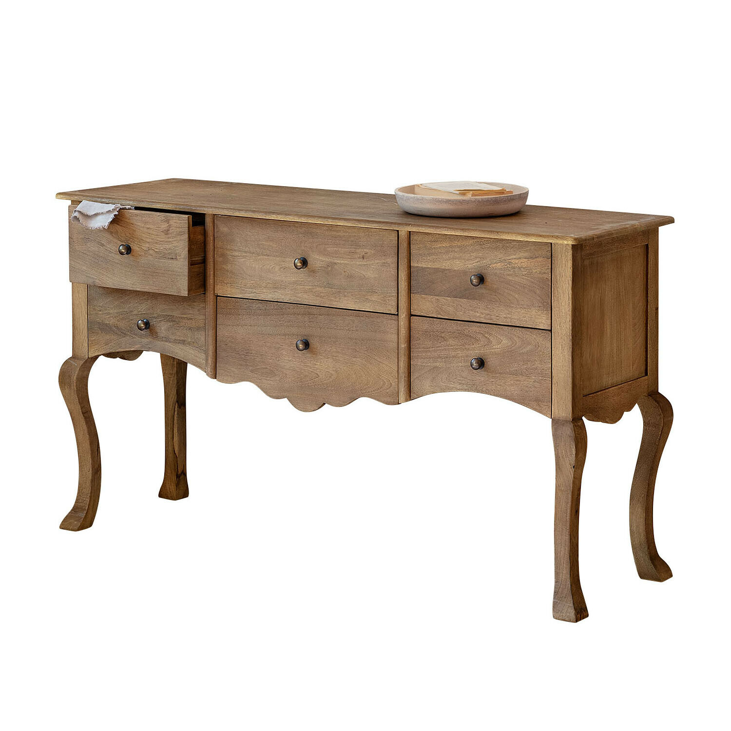 Consoles van mangohout in natuurlijke kleur met vijf lades en sierlijke gebogen poten