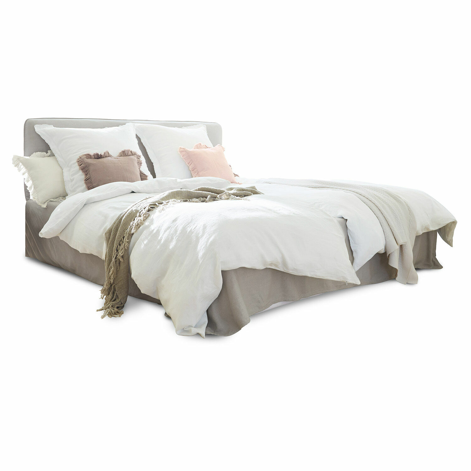 grijs Grijs stoffen Aubrianne bed met wit beddengoed en pastelkleurige kussens voor slaapkamer