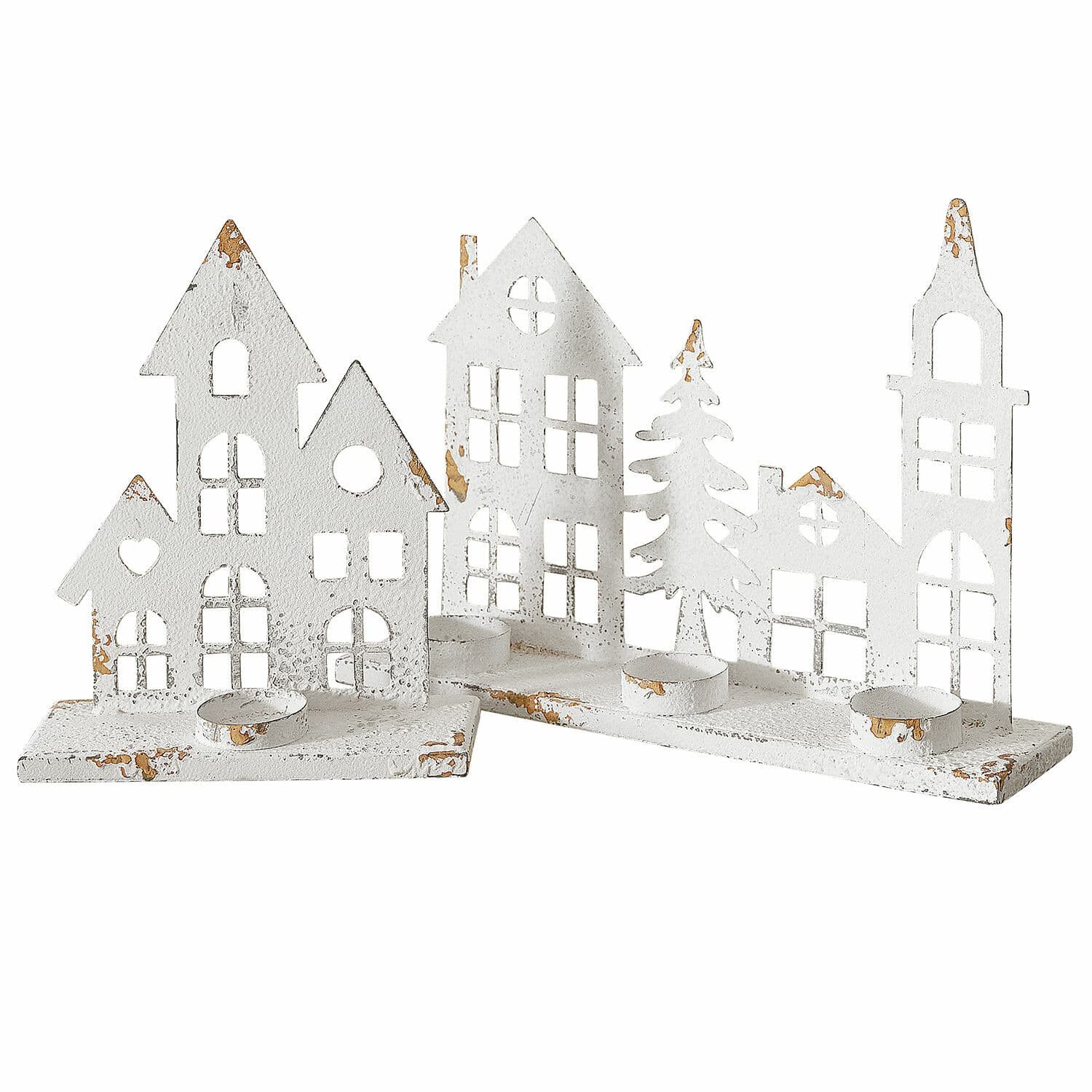 Kaarsenhouder set van 2 Vexano Witte metalen kaarsenhouder met huisjes en verouderde look voor sfeervolle kerstdecoratie