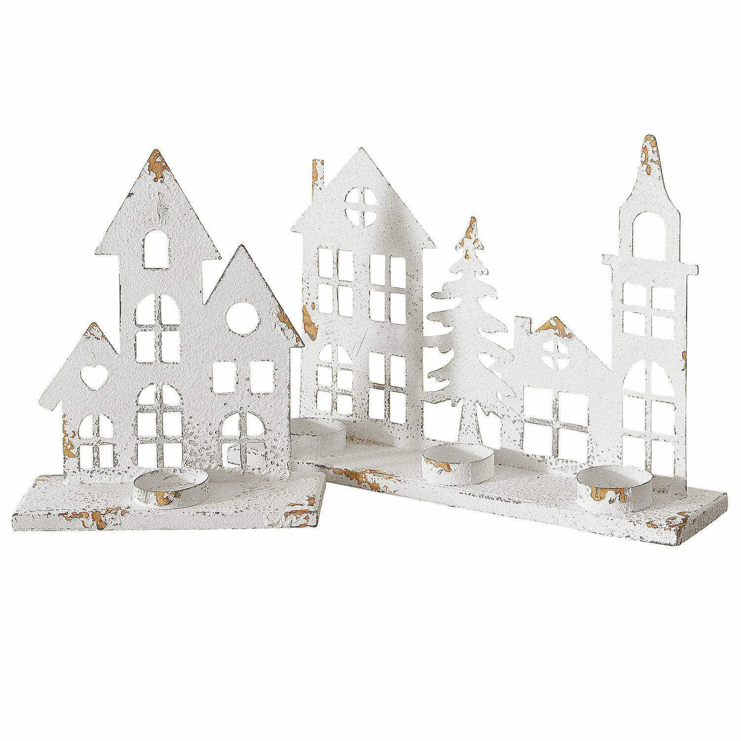 Kaarsenhouder set van 2 Vexano Witte metalen kaarsenhouder met huisjes en verouderde look voor sfeervolle kerstdecoratie