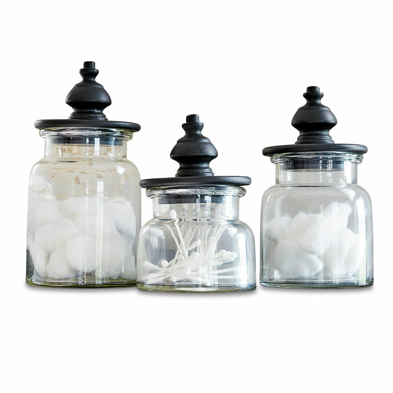 Pot set van 3 Hakeen Set van drie glazen potten met zwarte deksels voor het bewaren van watten en wattenstaafjes
