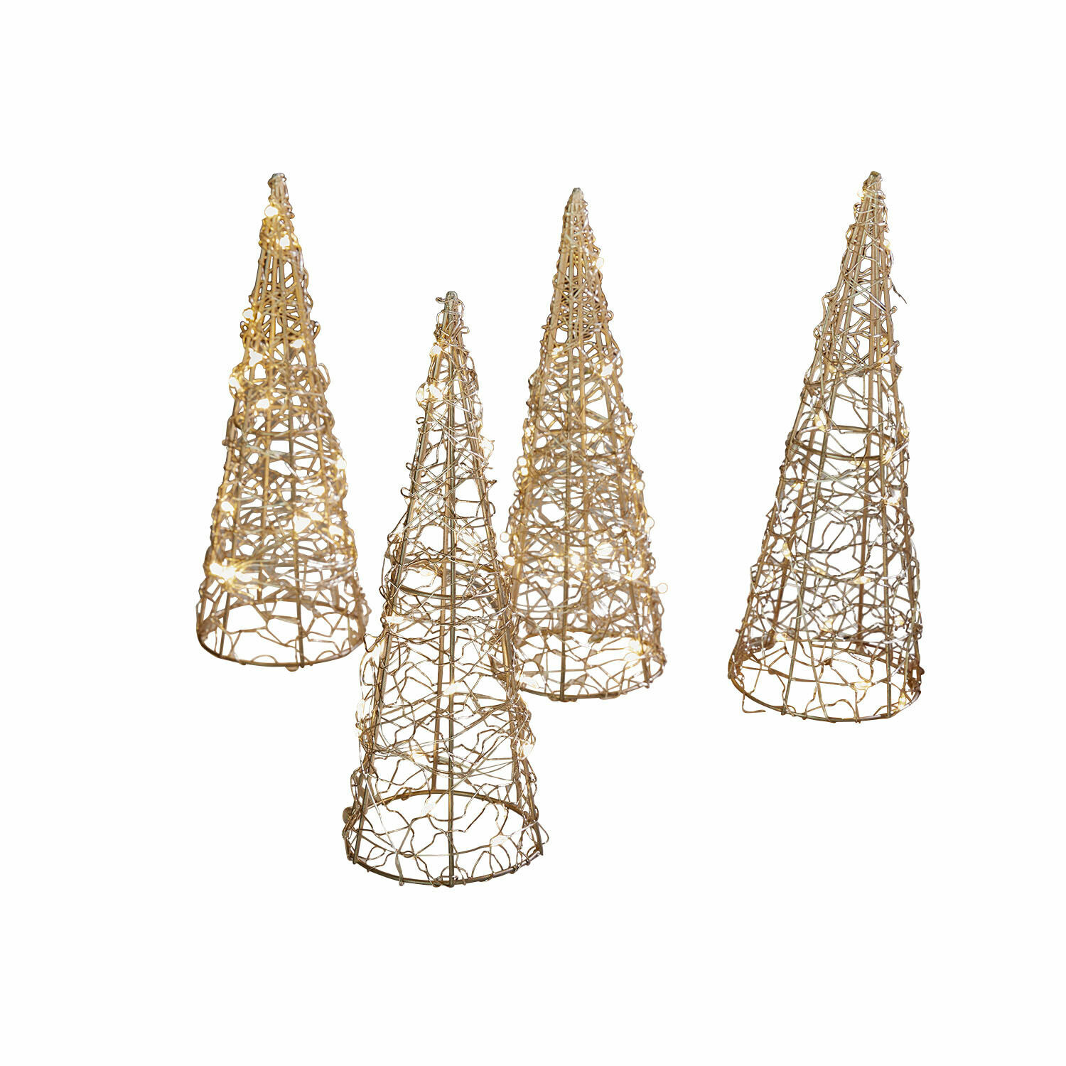 Ledboom set van 4 Velkrin Set van vier kegelvormige decoraties van wilgentenen met warm LED-licht voor binnen en buiten