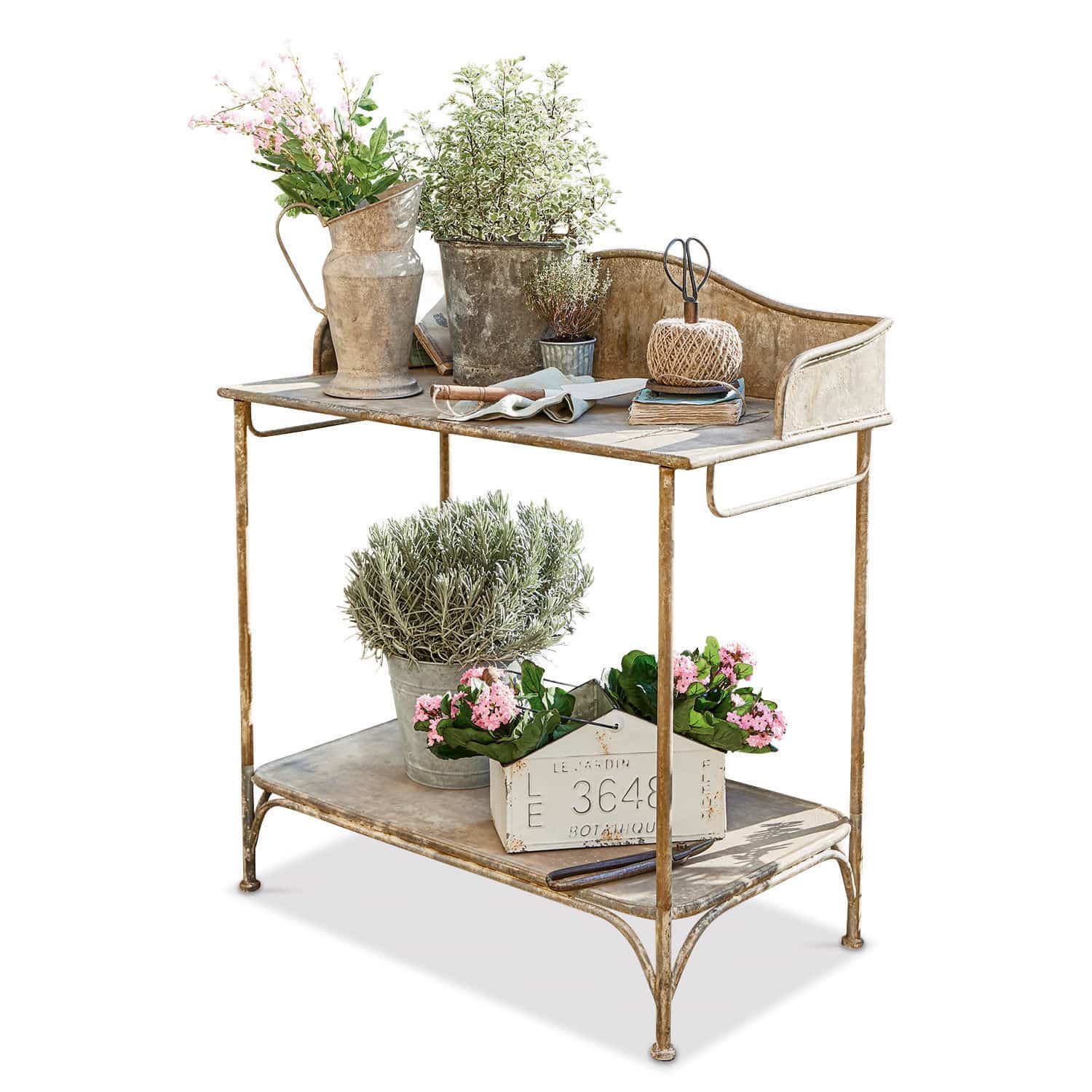 Plantentafel Banners Vintage metalen tuintafel in beige met bloempotten en tuingereedschap als decoratie