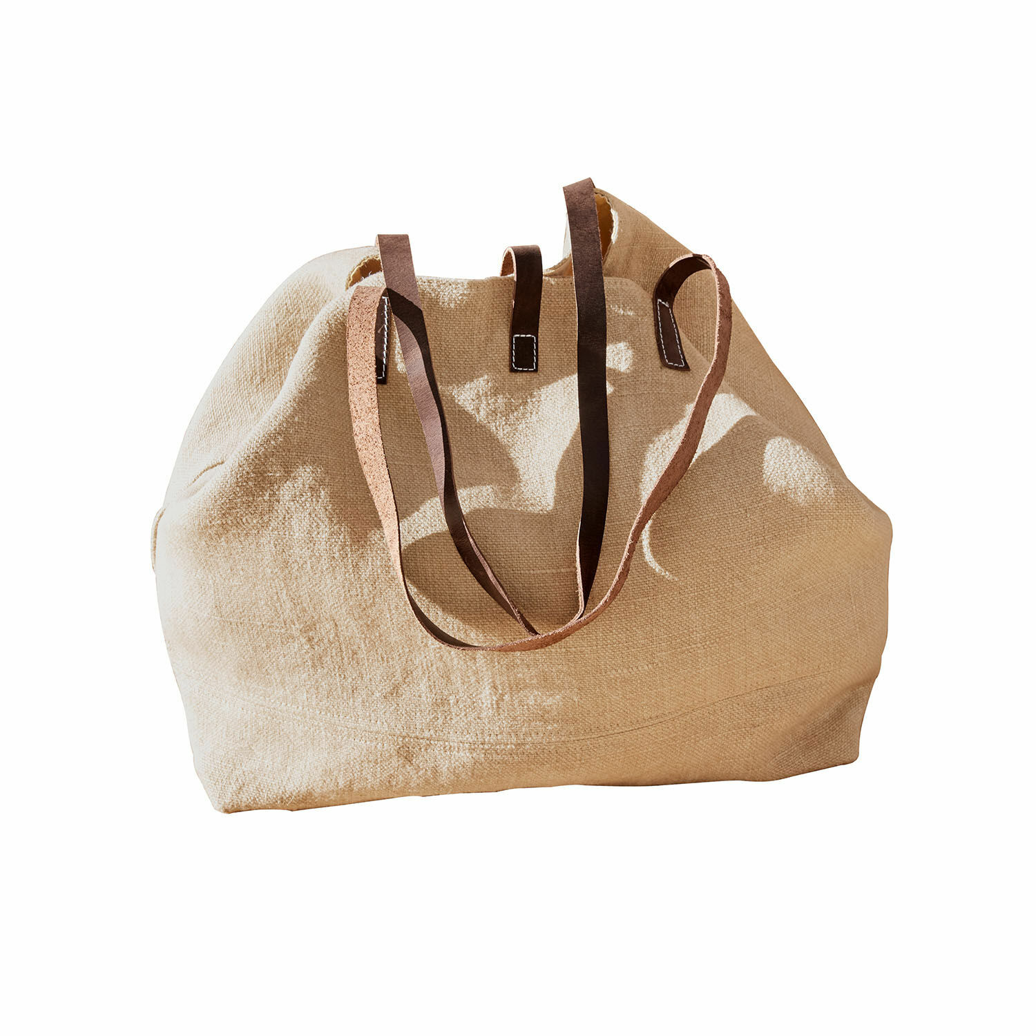 Tas Morentina Grote tas van beige canvas met bruine leren handvatten, praktische boodschappentas