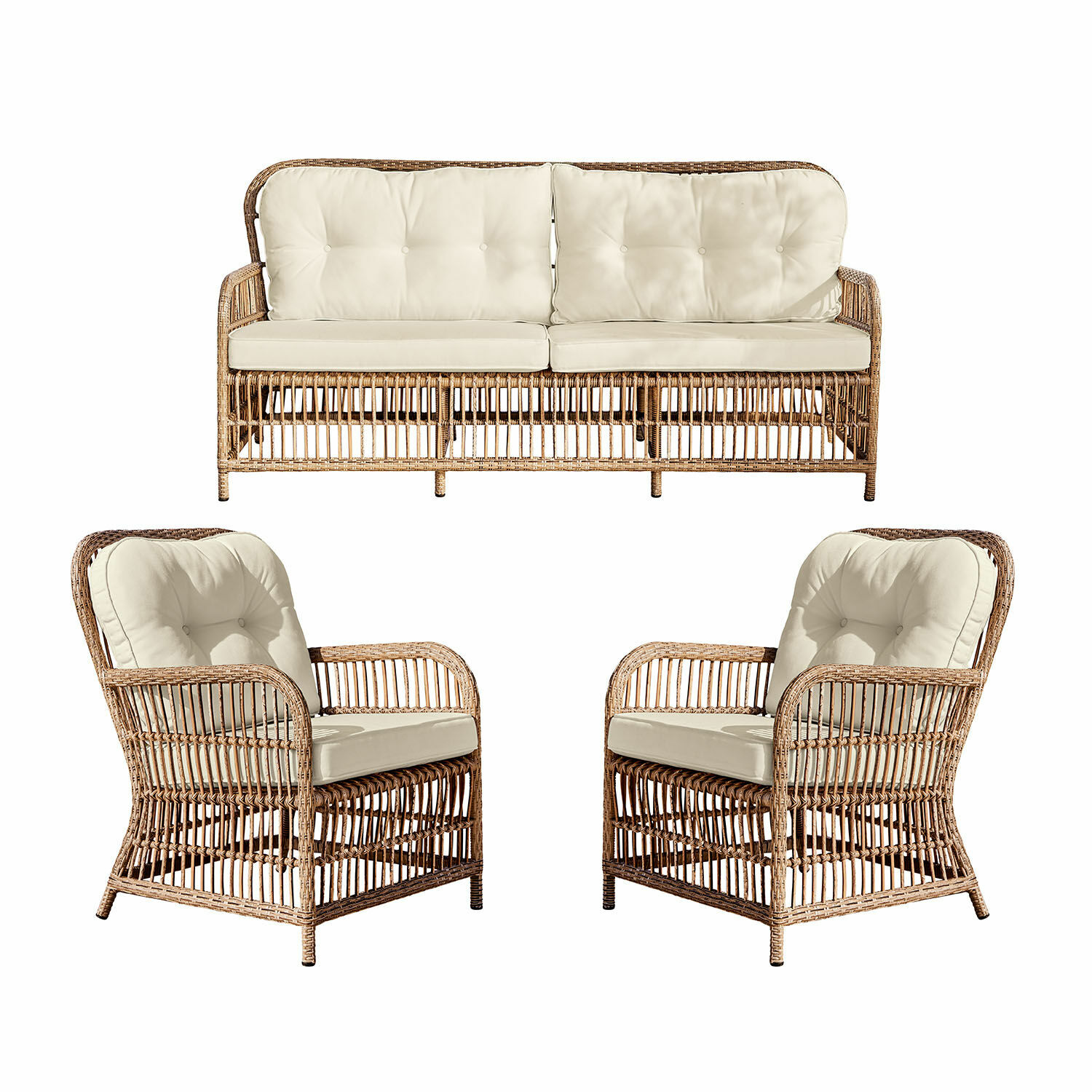Tuinset New Bettford Zitmeubelset van natuurlijk rattan met crèmekleurige kussens, perfect voor de woonkamer