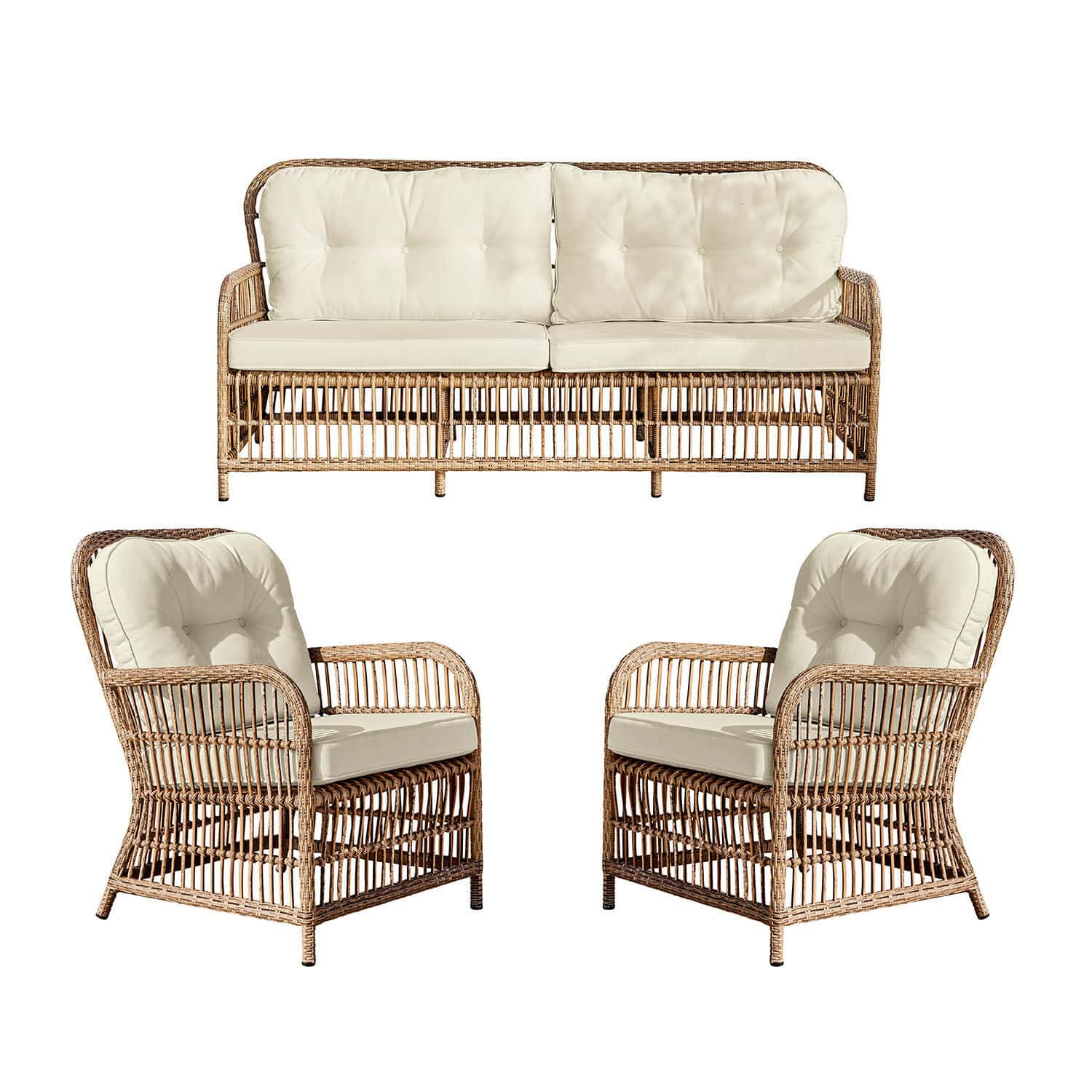 Tuinset New Bettford Zitmeubelset van natuurlijk rattan met crèmekleurige kussens, perfect voor de woonkamer