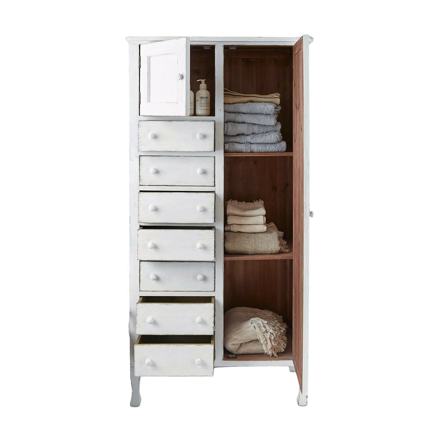 Kast Amourien Witte houten kast met zes lades en planken met handdoeken, opbergmeubel