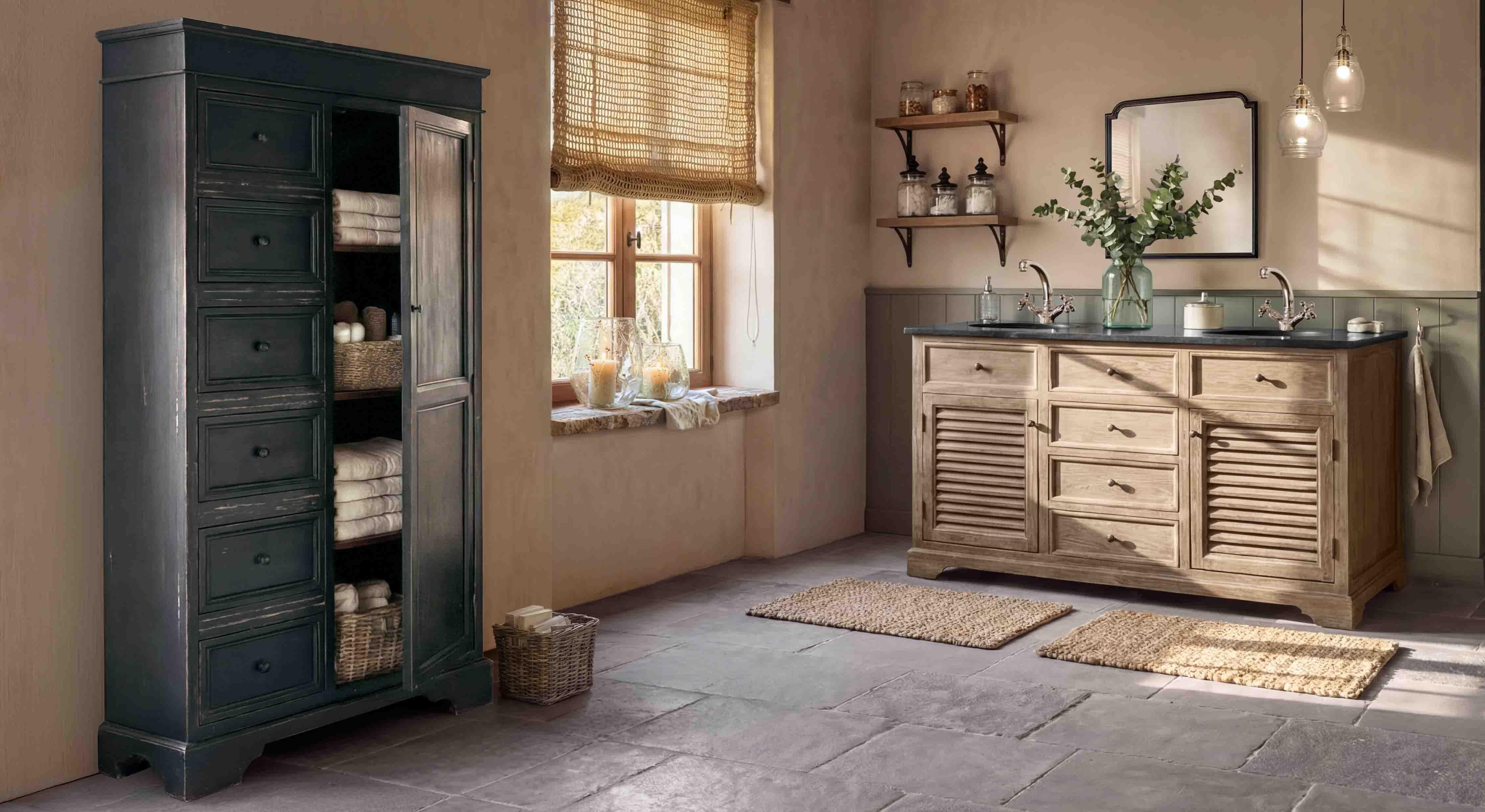 Rustieke badkamer met lichte houten wastafelonderkast en zwarte kast voor handdoeken en accessoires