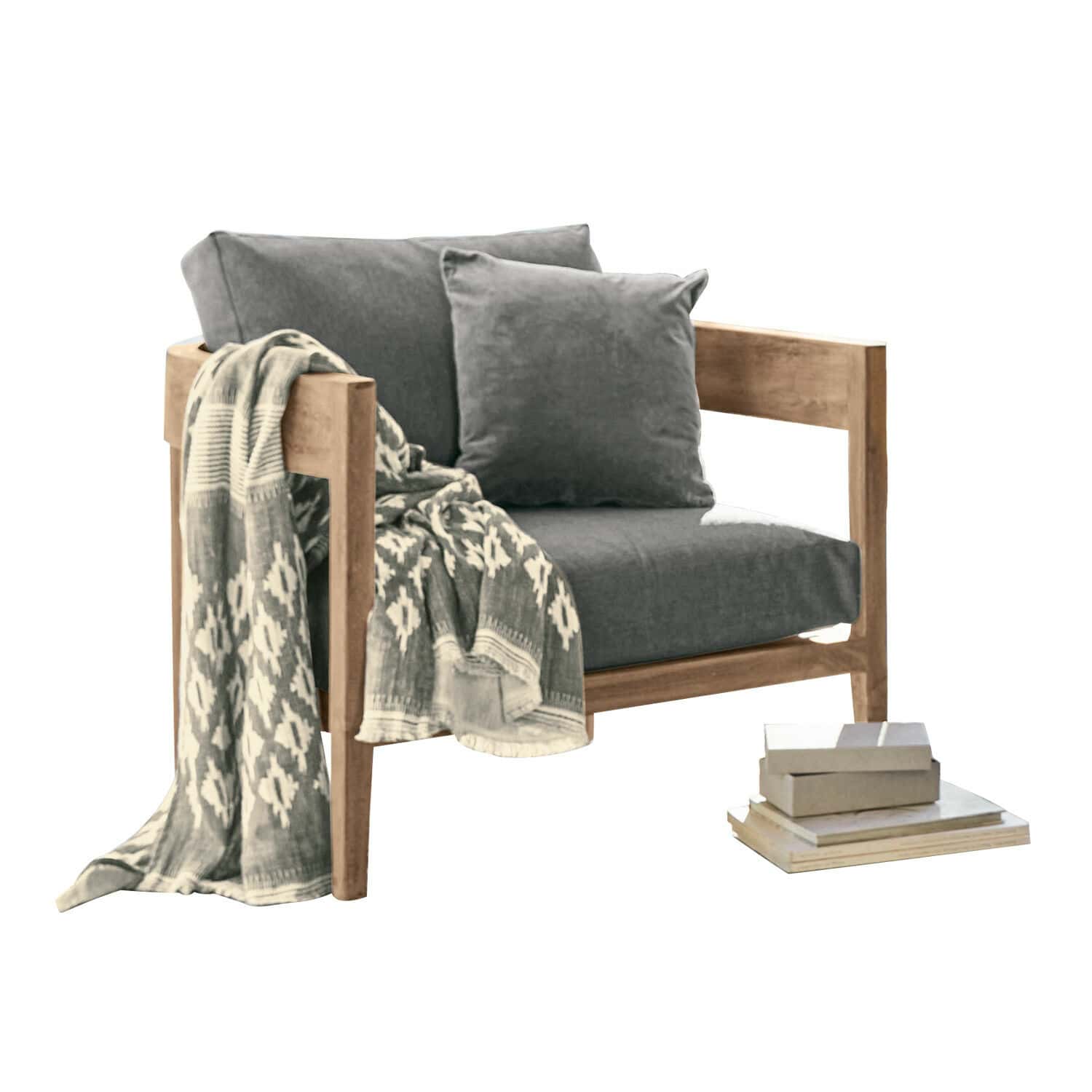 Fauteuil Courtelevant Fauteuil met houten frame en grijze stofbekleding, inclusief decoratief deken en kussens
