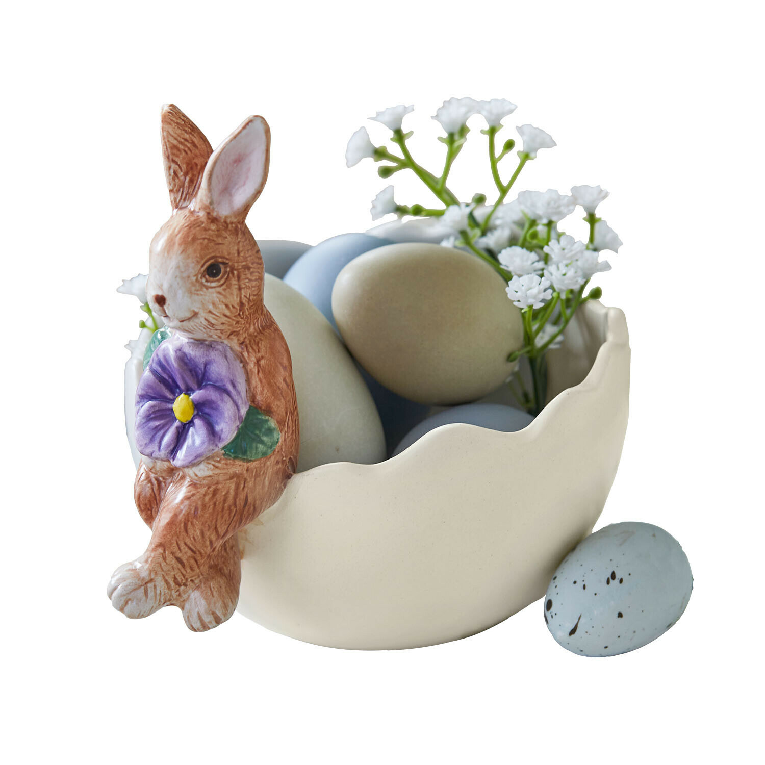 Schaal met haasje Jasélie Keramische schaal in de vorm van een eierschaal met konijnenfiguur en pastelkleurige paaseieren