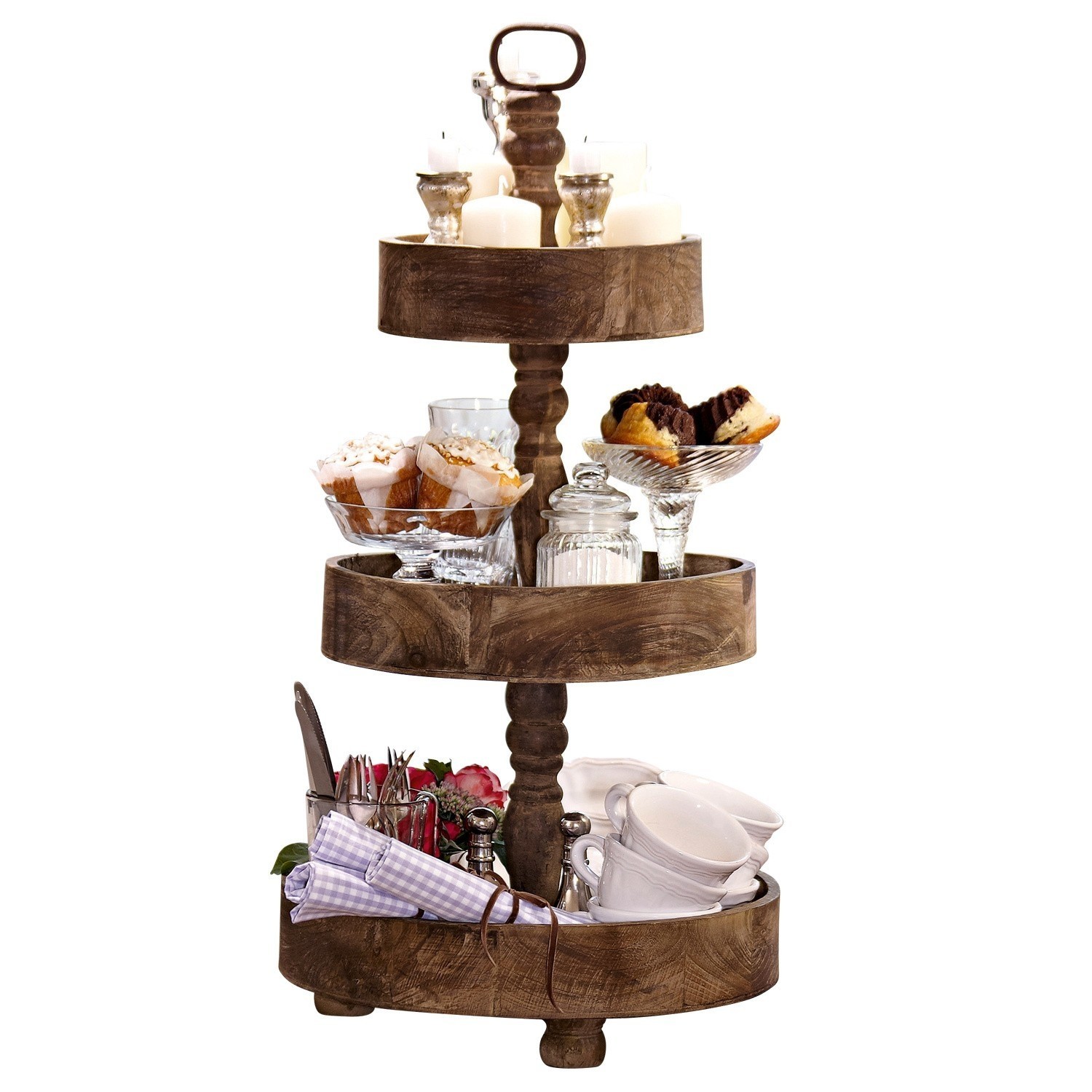 Etagère Beauvais Drie verdiepingen houten mango dienblad in bruin met kopjes, muffins en decoratieve kaarsen