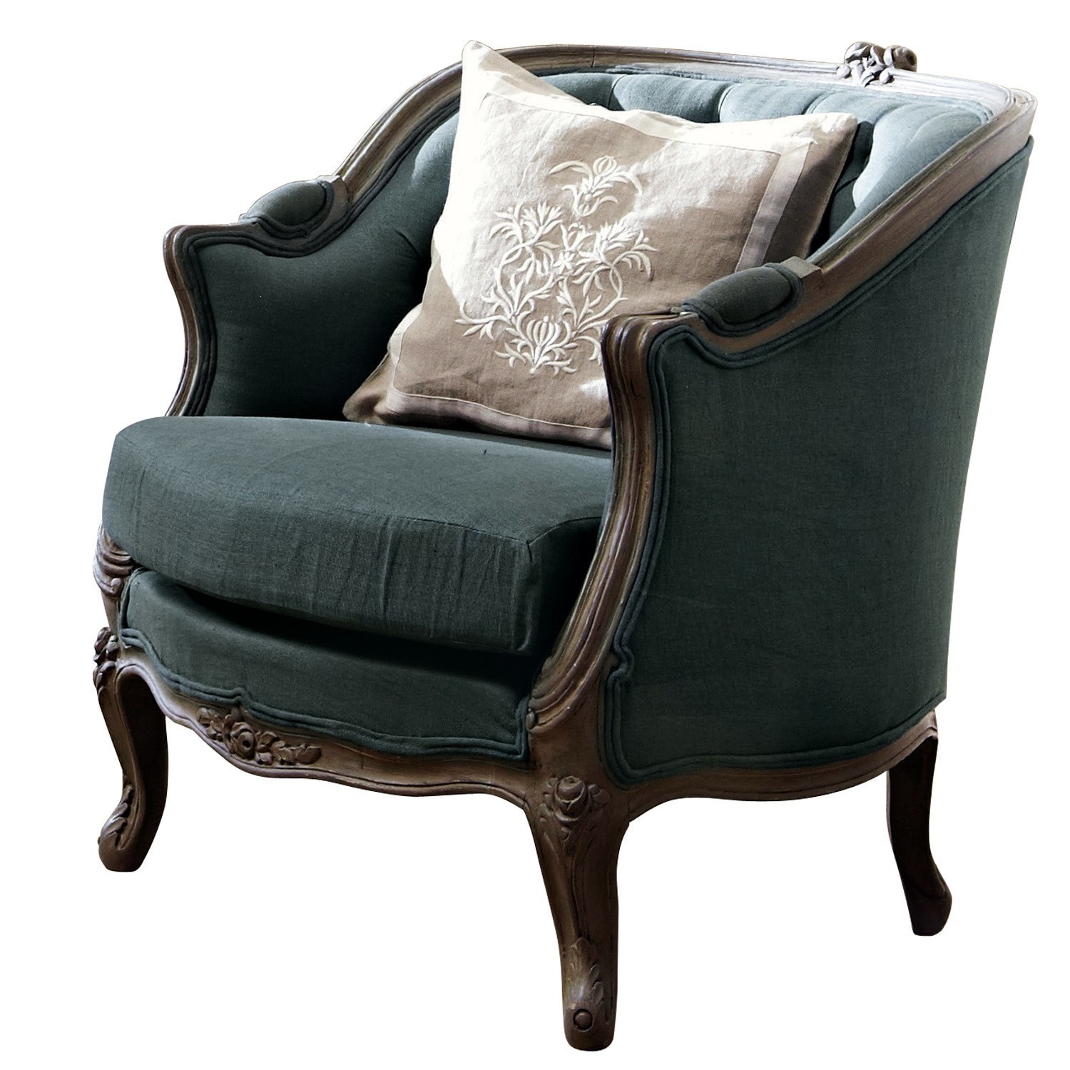 Annezay fauteuil in petrolkleur met houten frame en decoratief beige kussen, vintage stijl