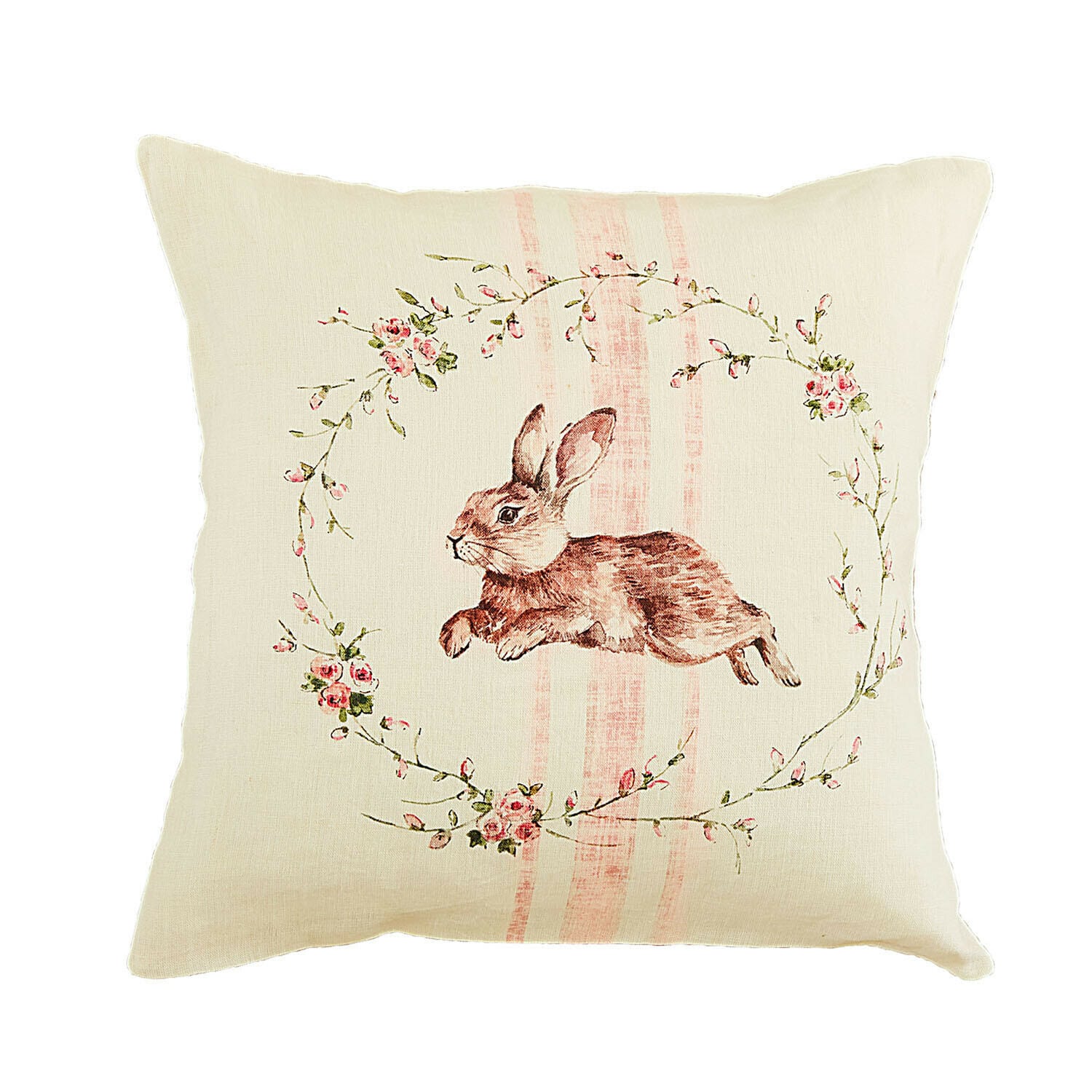 Kussenhoes Ravencrest Beige linnen kussen met konijnprint en bloemenkrans, decoratie voor woonkamer of slaapkamer