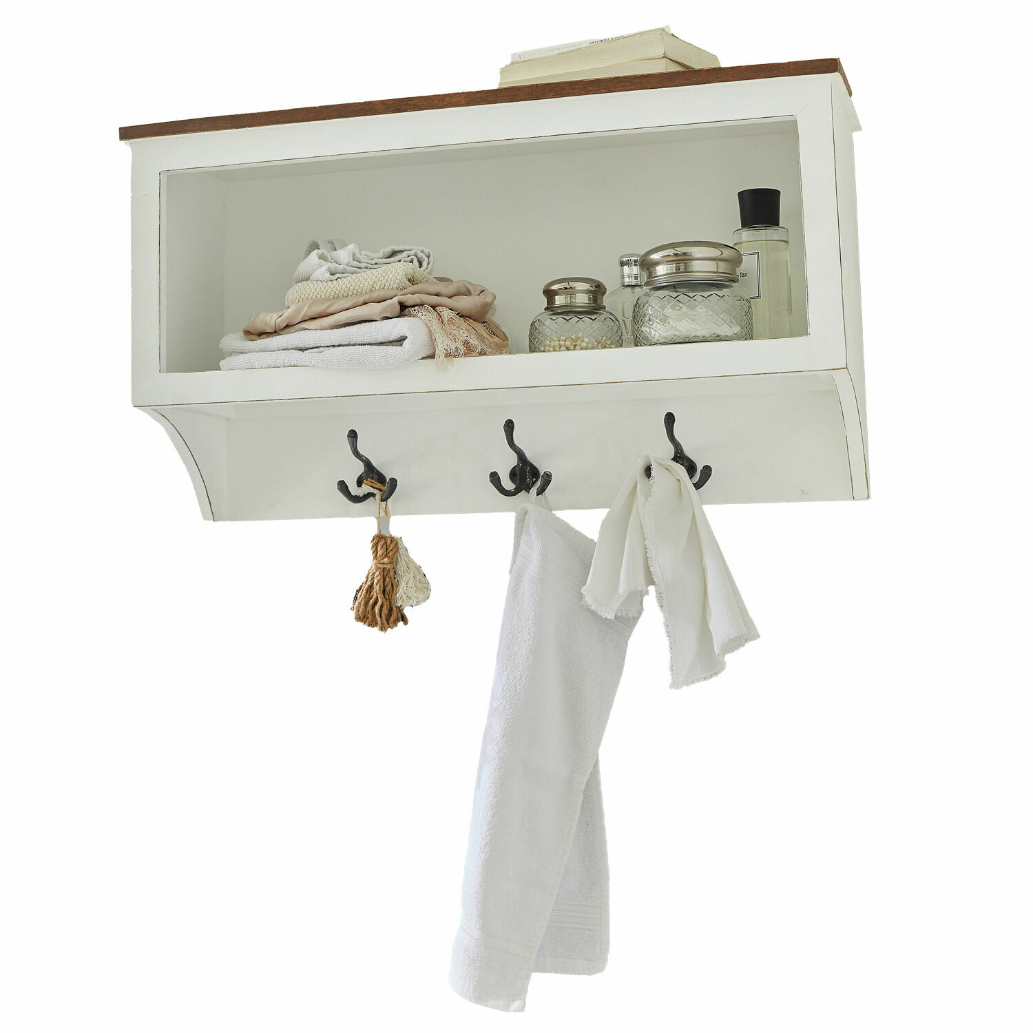 Wandkapstok Farmington Witte houten wandplank met haken, decoratieve potten en handdoeken voor de badkamer