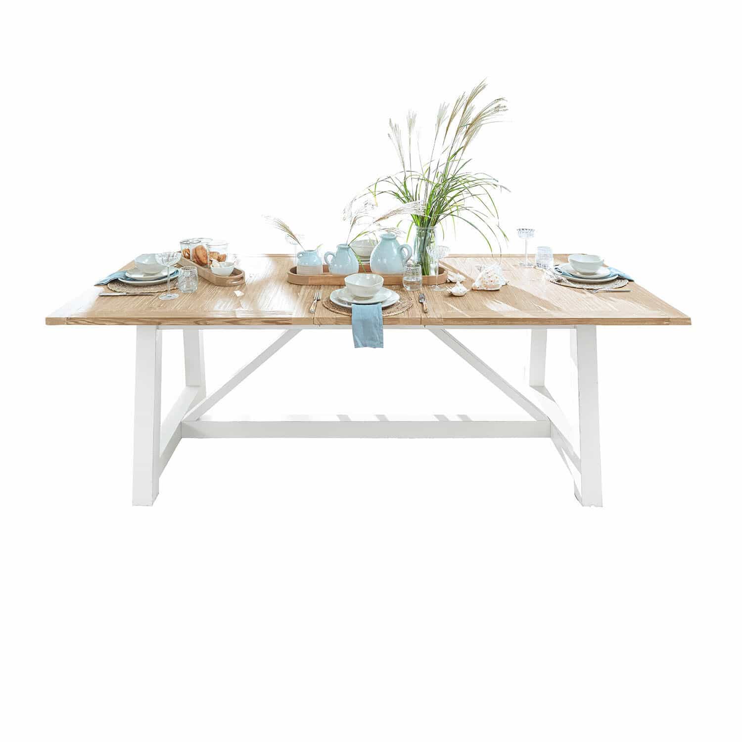 Eettafel Dubberly Eettafel van licht hout met witte onderstel, versierd met keramiek en siergras