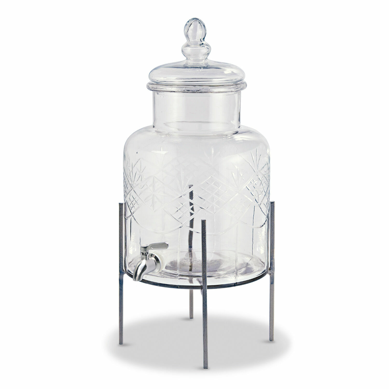 Glazen drankdispenser met metalen standaard en kraan, transparant met decoratief patroon