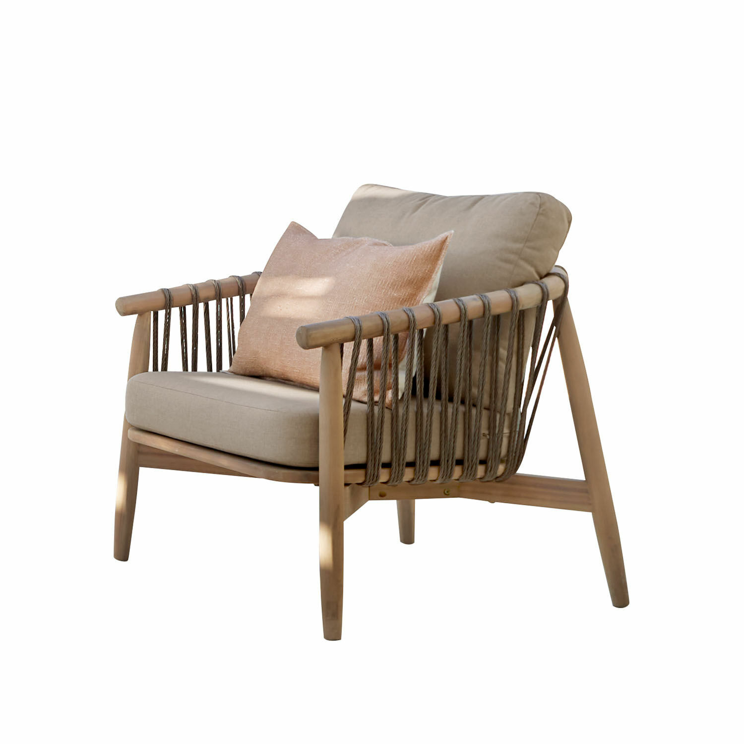 Leunstoel FSC®-100% Thornwick Stoel van hout en touw met beige kussens, modern lounge meubel voor woonkamer