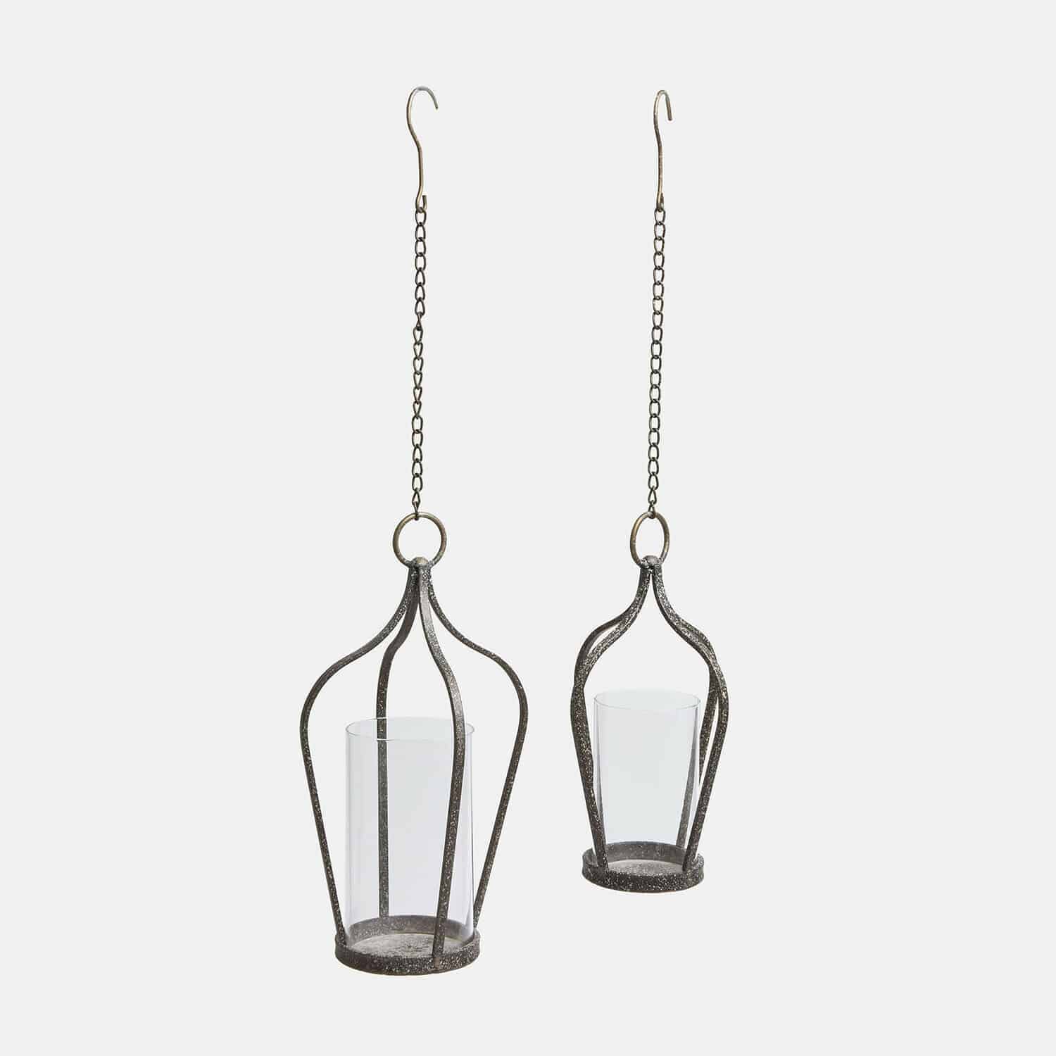 Hanglantaarn set van 2 Mikella Hangende metalen lantaarn in zwart met helder glas en witte kaars voor interieurdecoratie