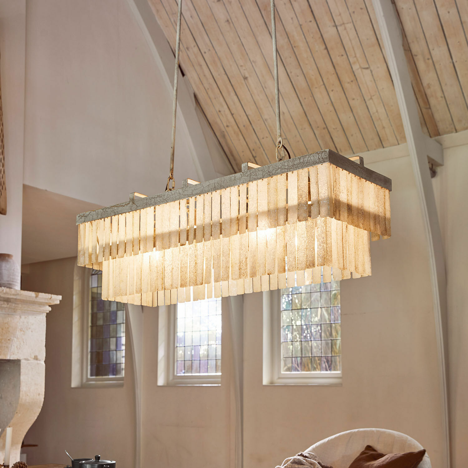 Hanglamp Krauville Hanglamp van beige steen met rechthoekige panelen, decoratieve plafondlamp voor woonkamer