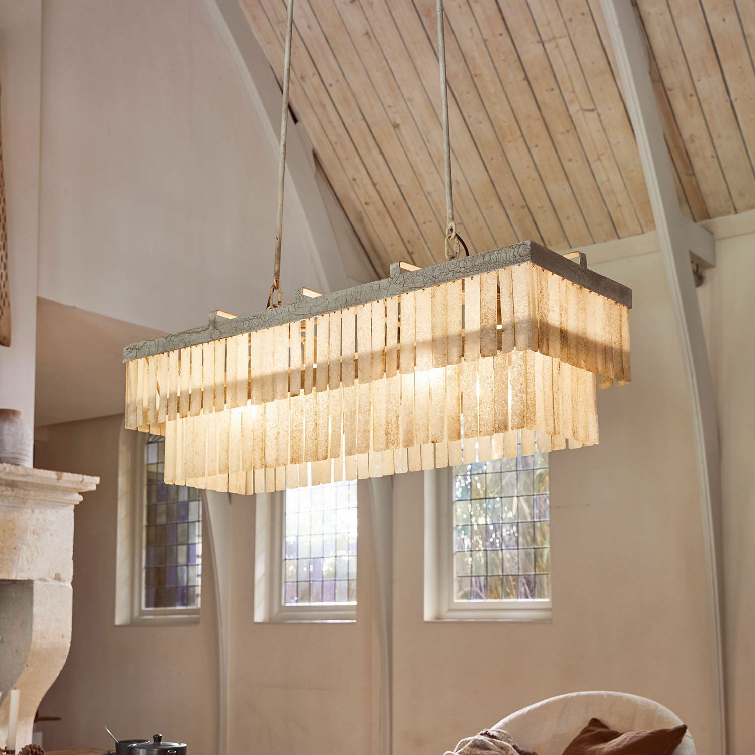 Hanglamp Krauville Hanglamp van beige steen met rechthoekige panelen, decoratieve plafondlamp voor woonkamer