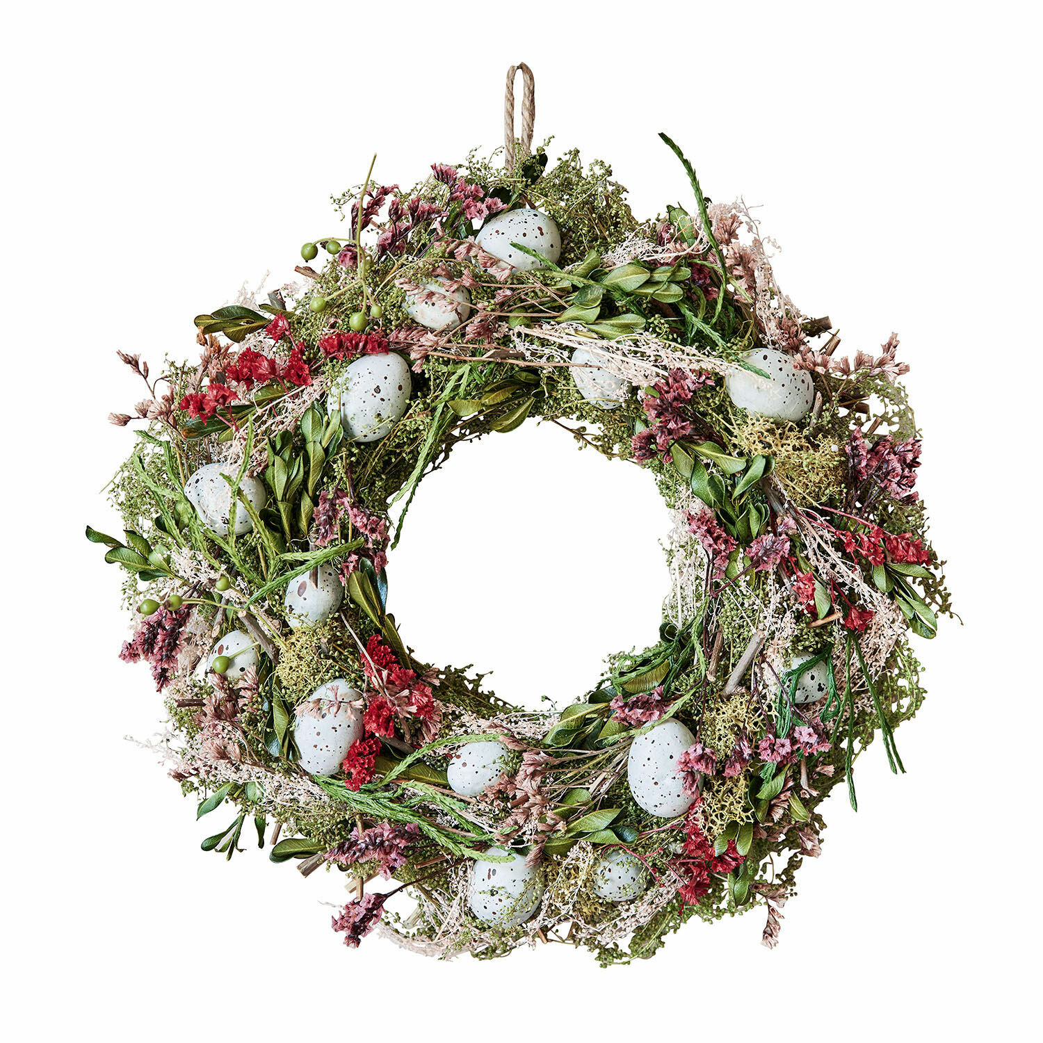 Decoratieve krans van groene bladeren, rode bloemen en witte eieren voor lentebehang