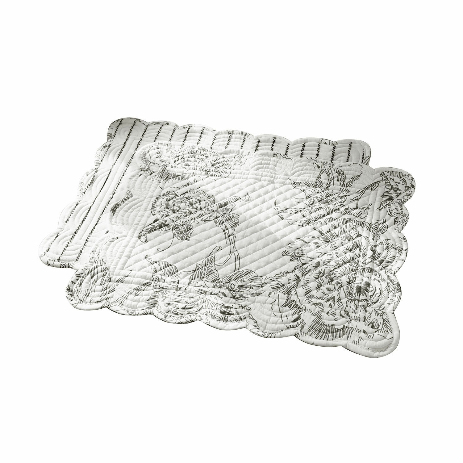 Placemat set van 2 Calarion Witte gewatteerde placemat met zwart bloemmotief en golvende randen voor tafeldecoratie