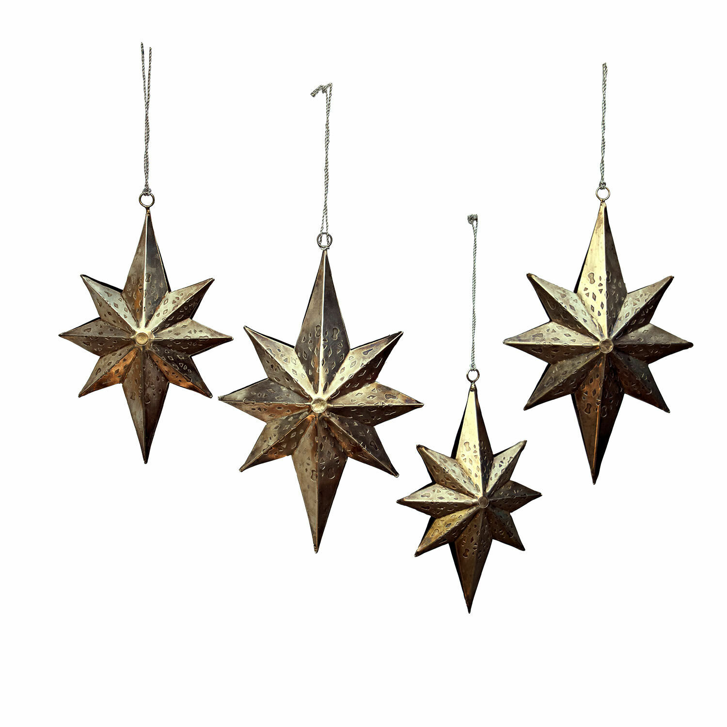 Set van vier decoratieve metalen sterren in messingkleur om op te hangen, feestelijke decoratie