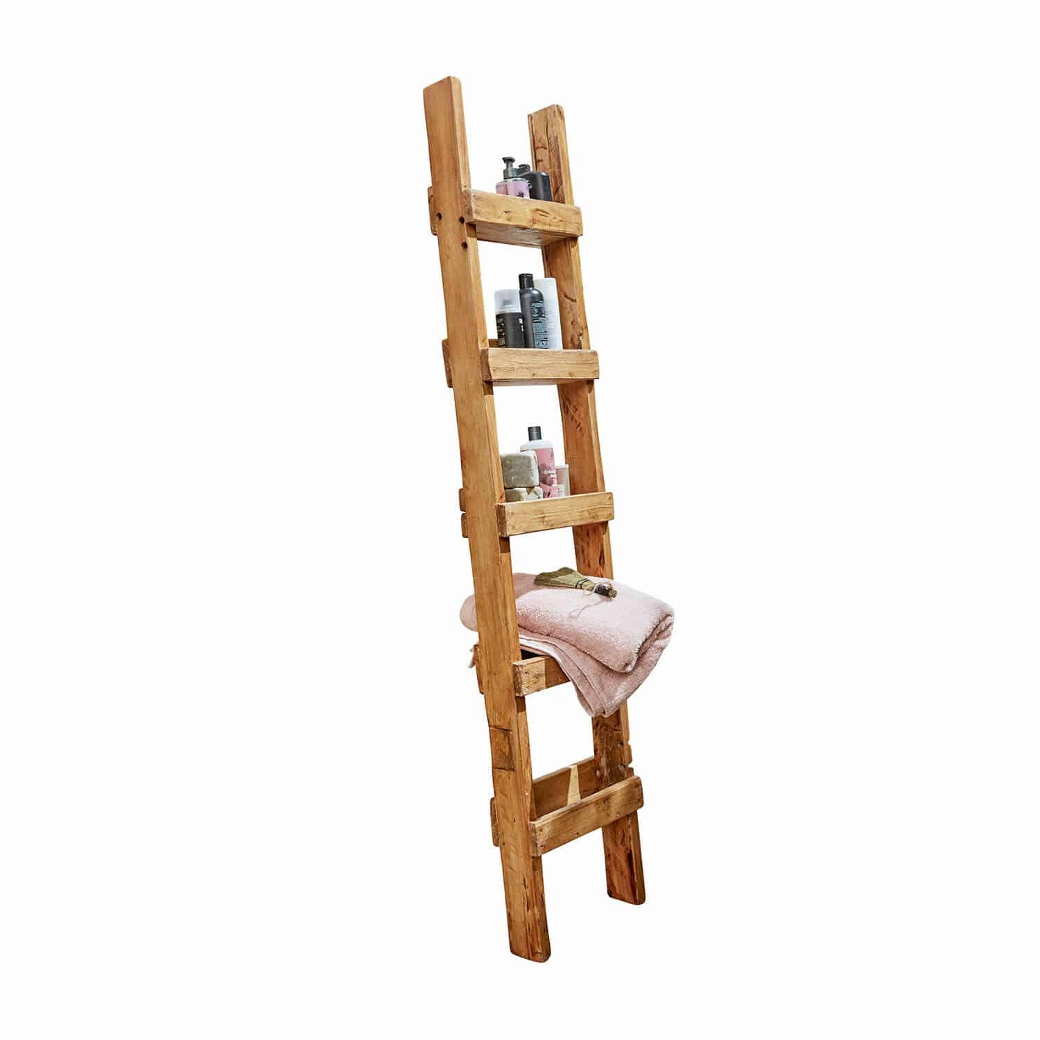 Ladderrek Fresollier Decoratieve houten ladder in natuurlijke kleur met planken voor handdoeken en badproducten