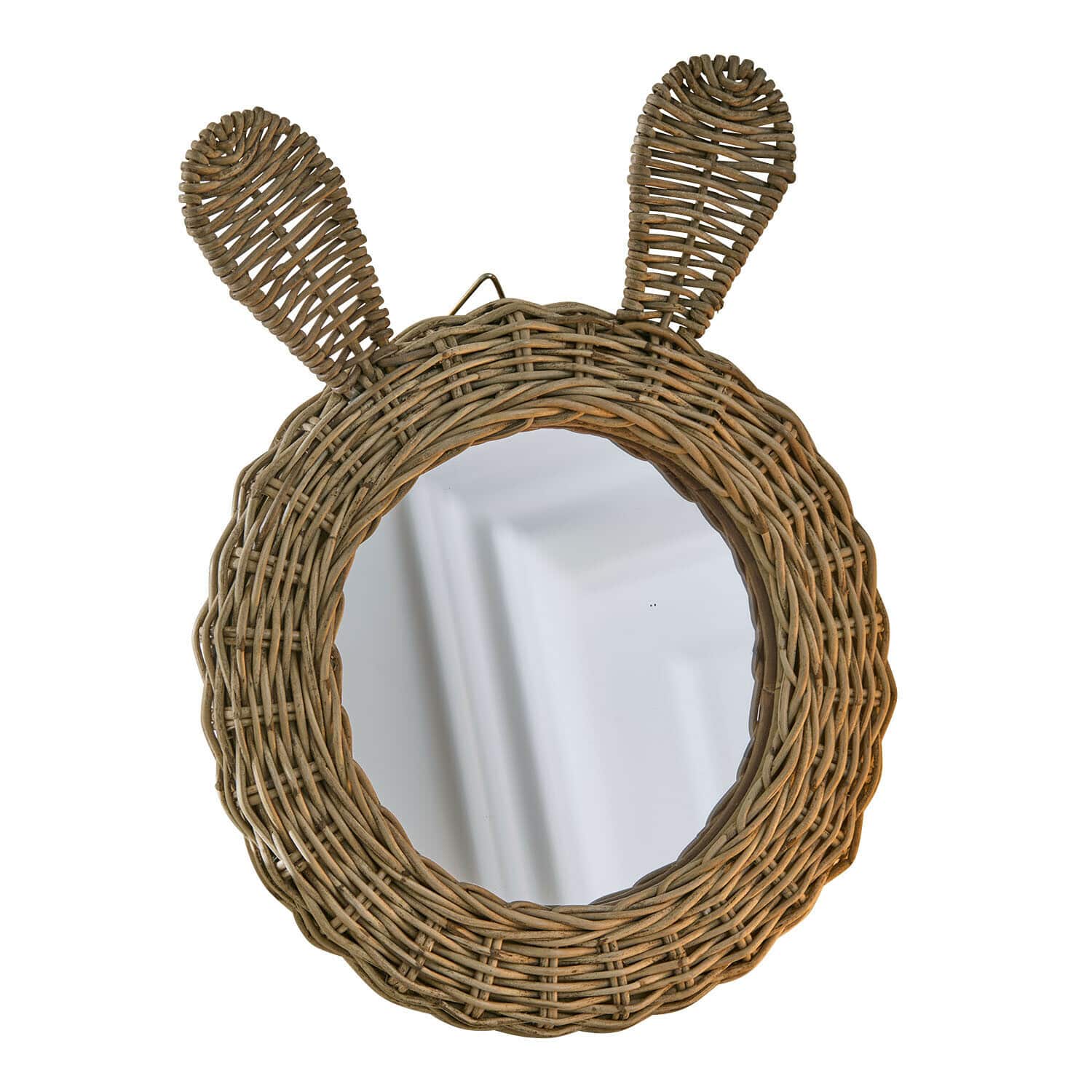 Spiegel Papillonette Ronde rieten spiegel met konijnenoren, natuurlijke bruine kleur, wanddecoratie voor kinderkamer
