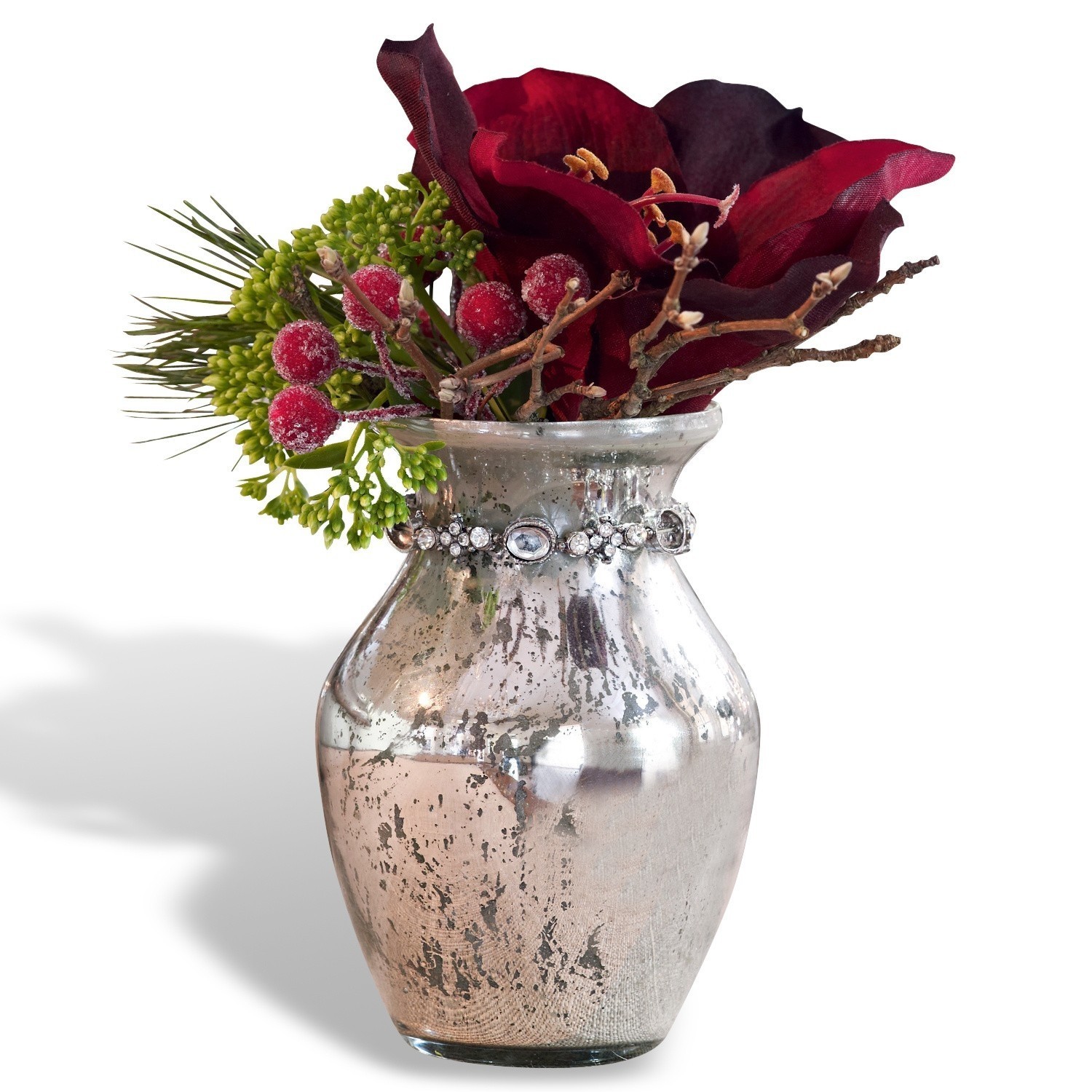 Vaas set van 2 Louna Zilverkleurige decoratieve vaas met kristallen ring, rode bloemen en groene takken voor interieurdecoratie