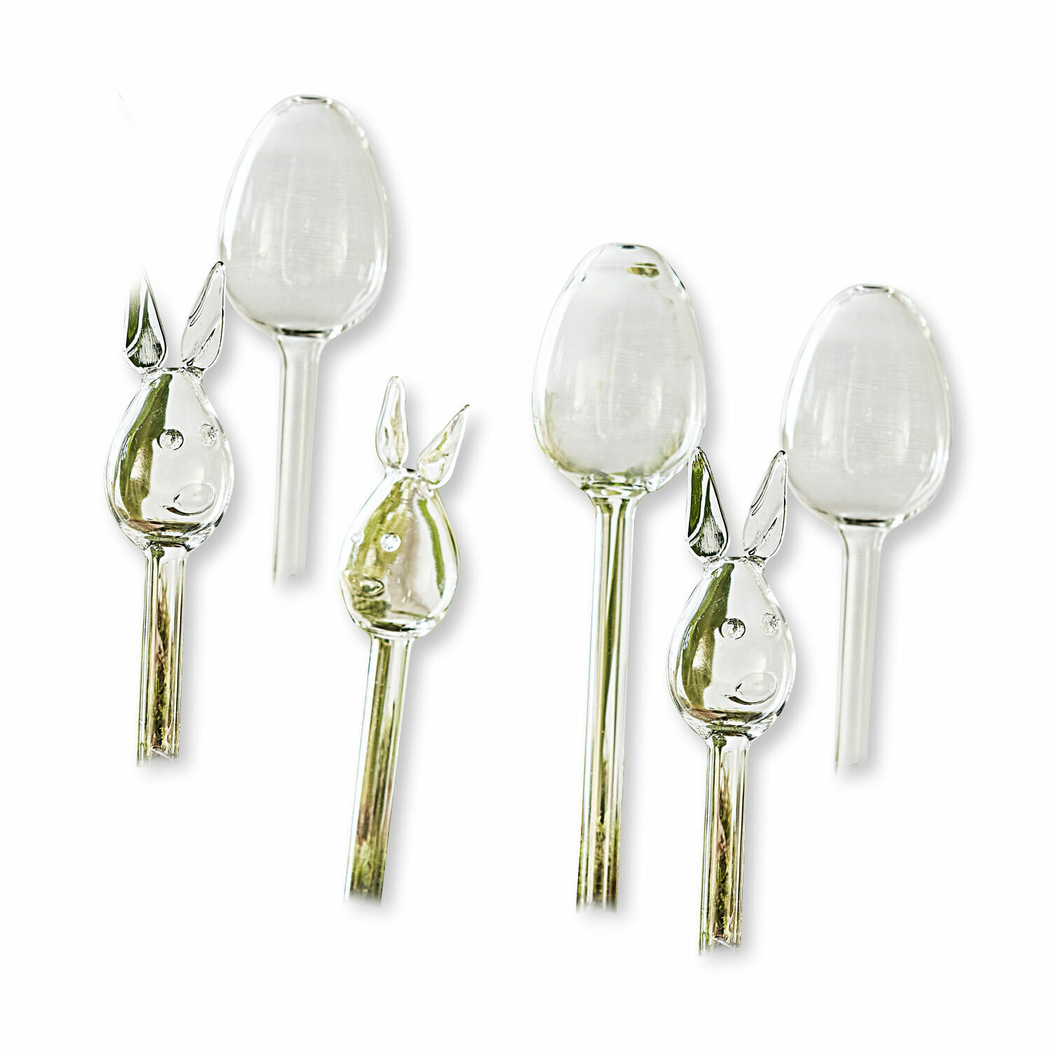 Bewateringssysteem set van 6 Suva Transparante glazen tuinornamenten in de vorm van konijnenhoofden en eieren, lentebloemen decoratie