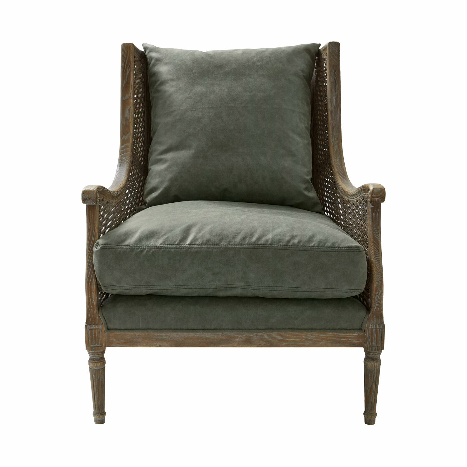 antiekbruin/groen Greenbrier fauteuil met grijze stof en houten frame met opengewerkt zijpaneel, vintage stijl
