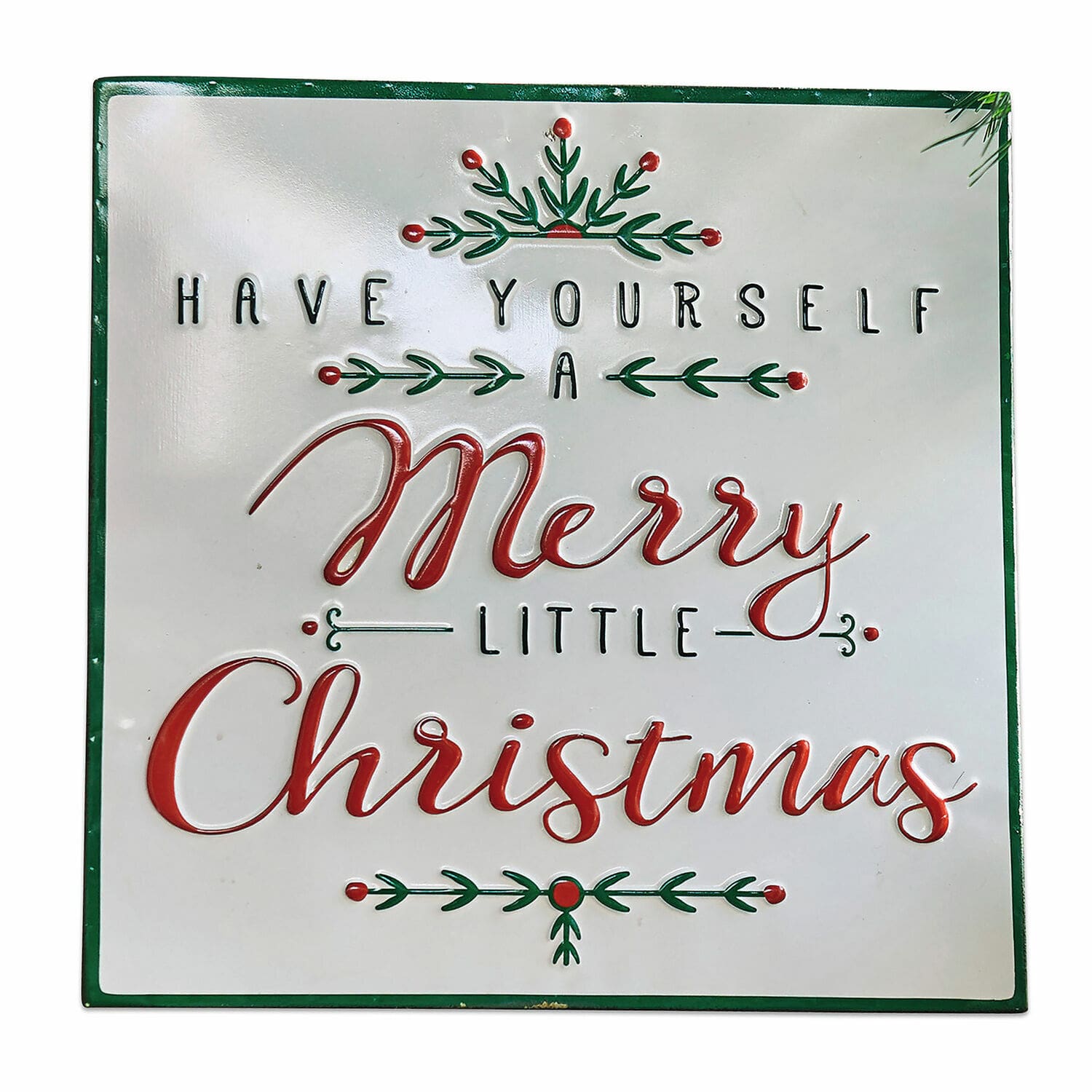 Decoboard Merry Merry Metalen kerstdecoratie met tekst Merry Christmas in rood en groen op witte achtergrond