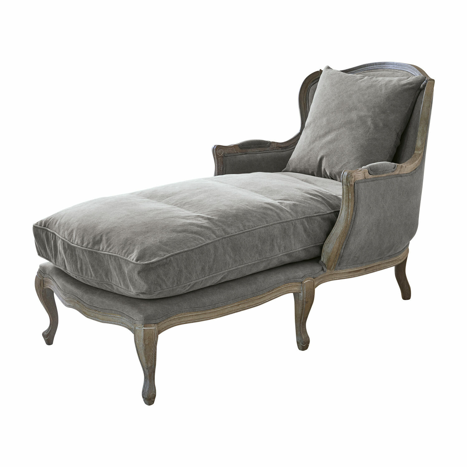 Grijze chaise longue met houten frame en zachte kussen, comfortabele woonkamermeubel