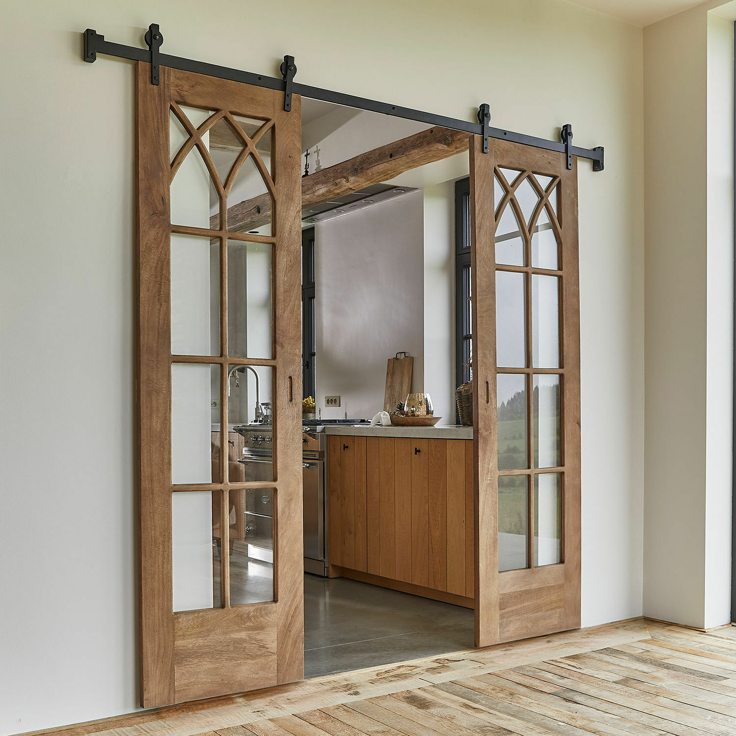Dubbele schuifdeur Quilly-sur-Marne Houten schuifdeuren met decoratief glas in natuurlijke kleur voor keuken