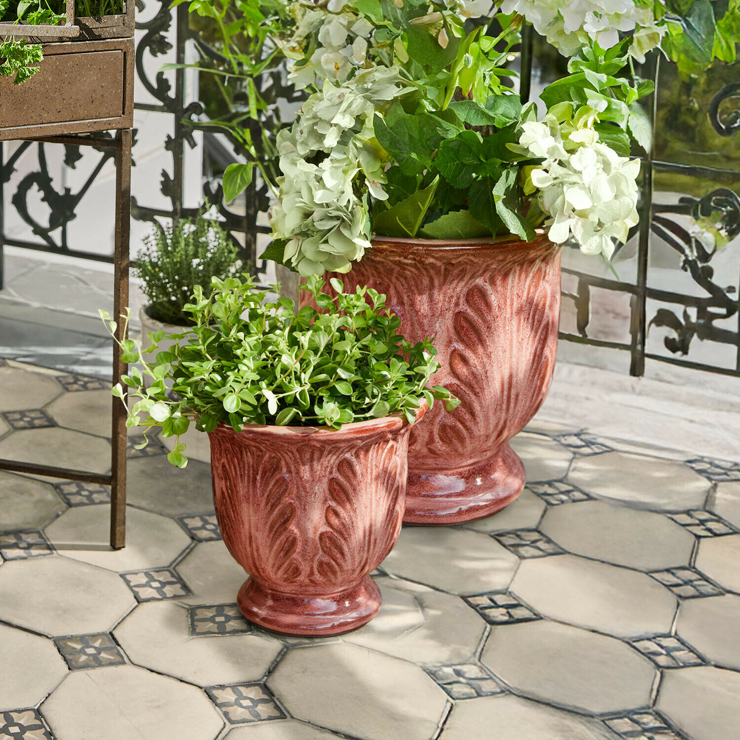 Twee roestkleurige keramische bloempotten met planten op een terras met decoratieve vloer en metalen hek