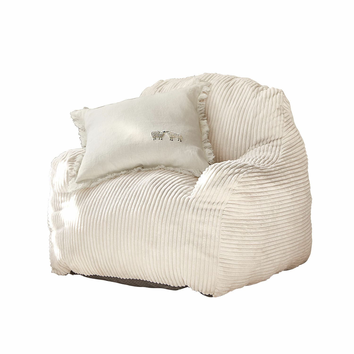 Kinderfauteuil Sorvani Beige fauteuil van zachte ribstof met licht kussen en borduurwerk van schapen voor comfort