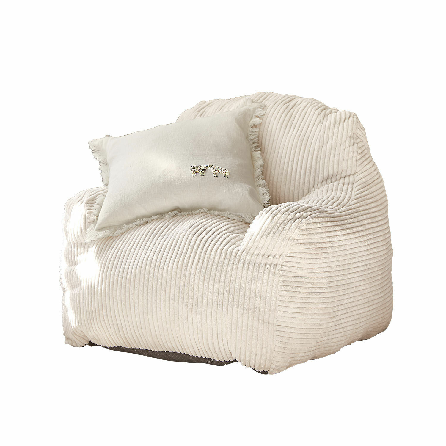 Kinderfauteuil Sorvani Beige fauteuil van zachte ribstof met licht kussen en borduurwerk van schapen voor comfort