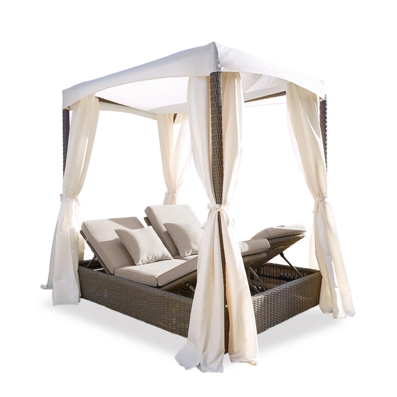 Tuinlounge Hereford Dubbele ligstoel van technorattan met crèmekleurige kussens en witte luifel voor tuin