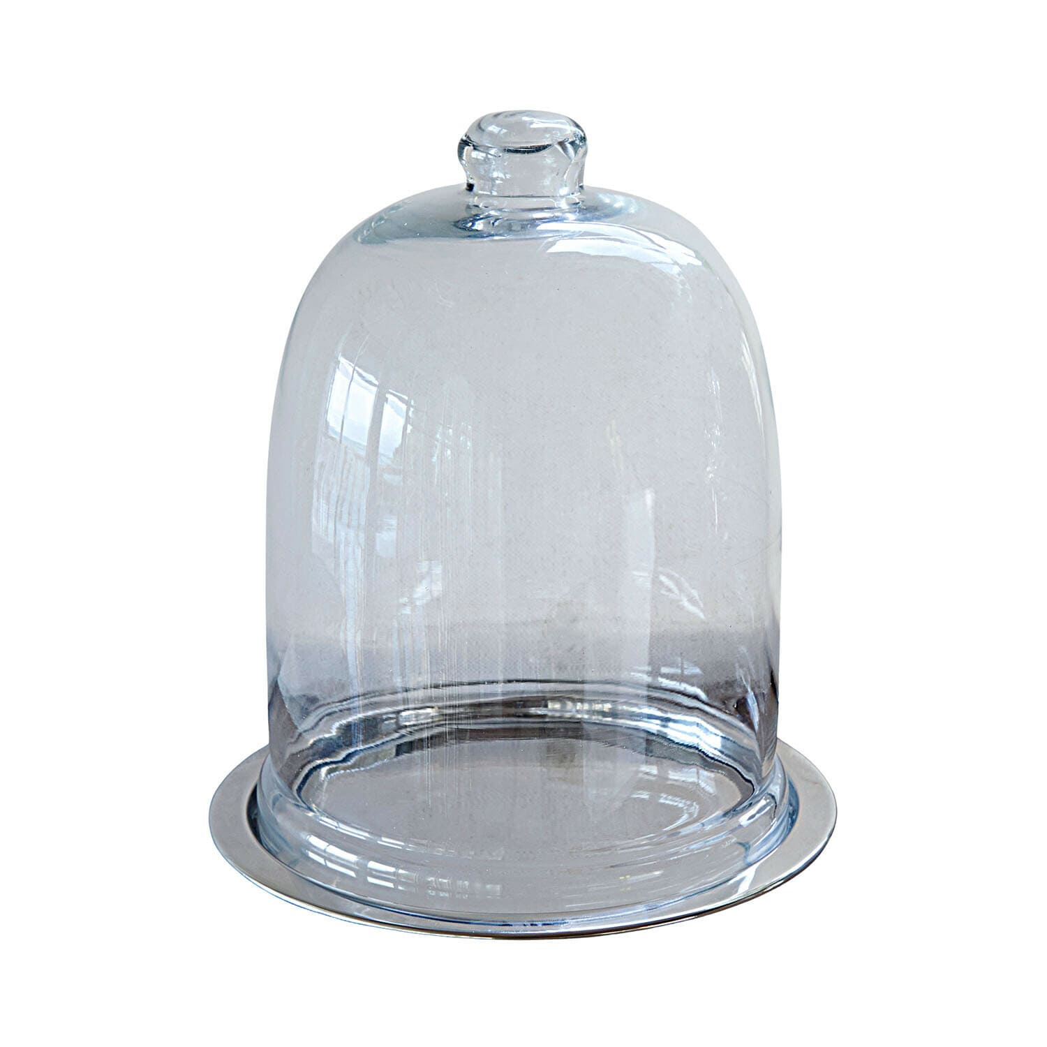 Transparante glazen stolp met roestvrijstalen schaal, geschikt voor bewaren en serveren van eten