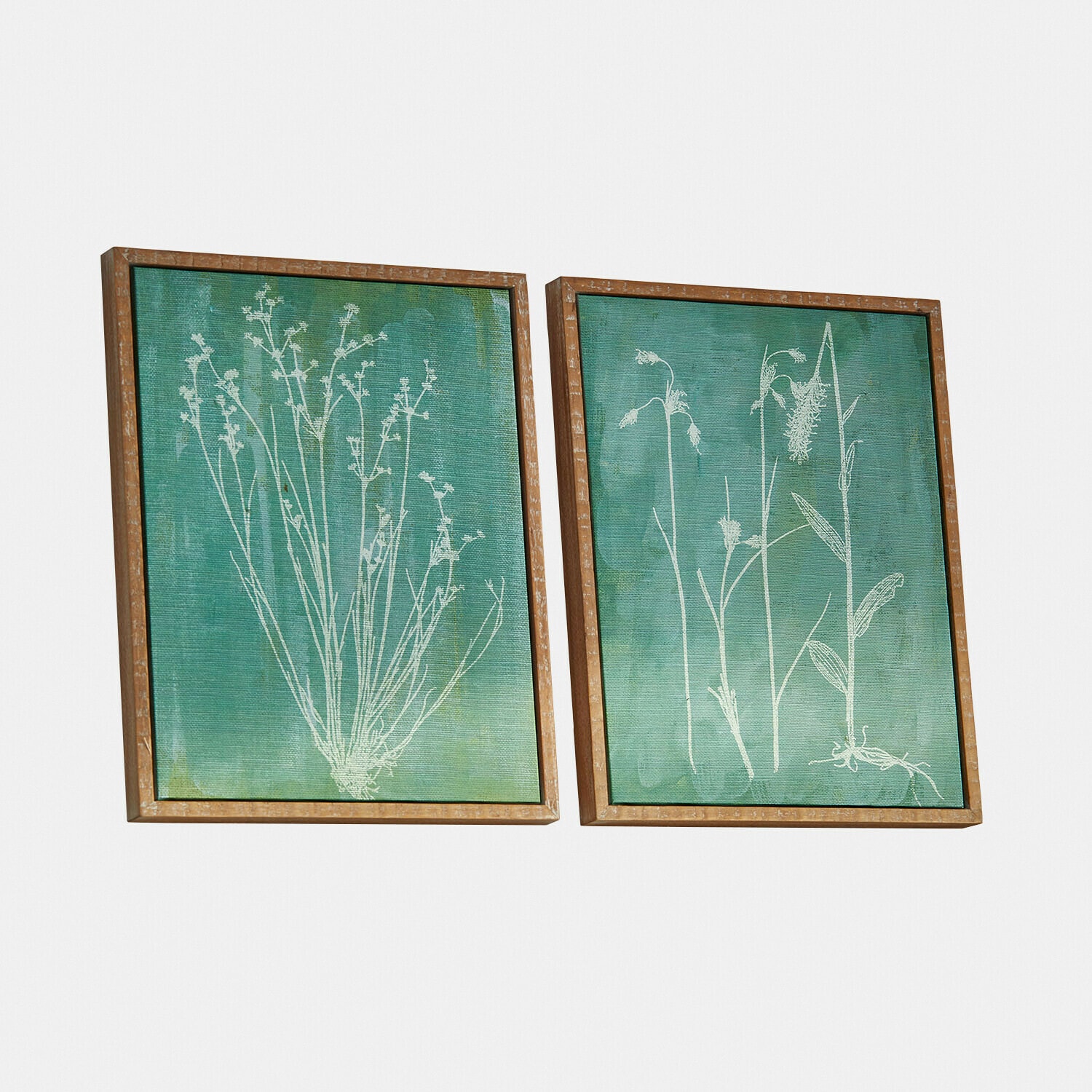 Afbeelding set van 2 Delviane Twee schilderijen met witte plantenillustraties op groene achtergrond in houten lijsten, wanddecoratie